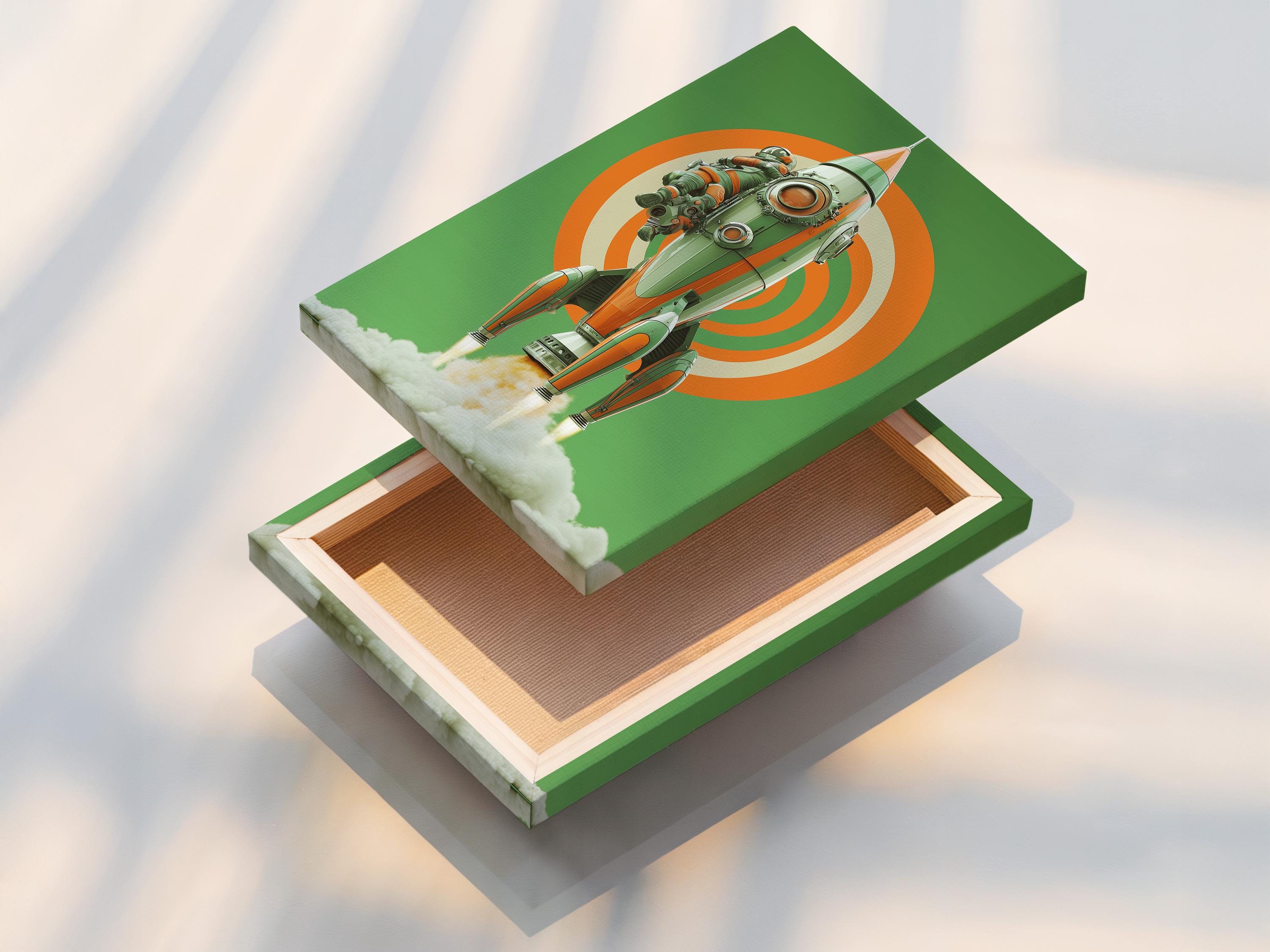 Retro space rocket with astronaut, mint green background and orange concentric rays detail view