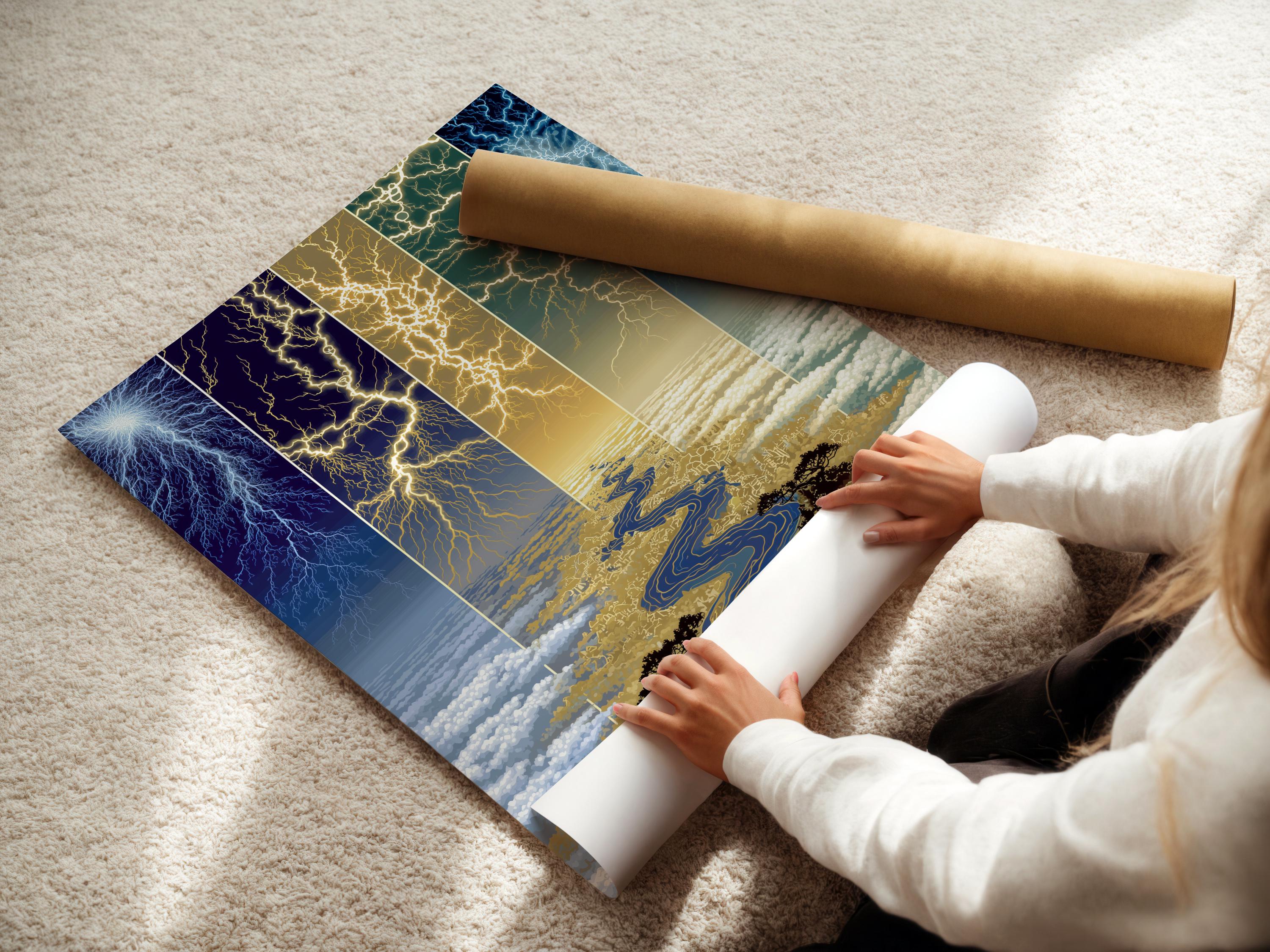 Blue and gold lightning river landscape with branching lightning bolts detail view