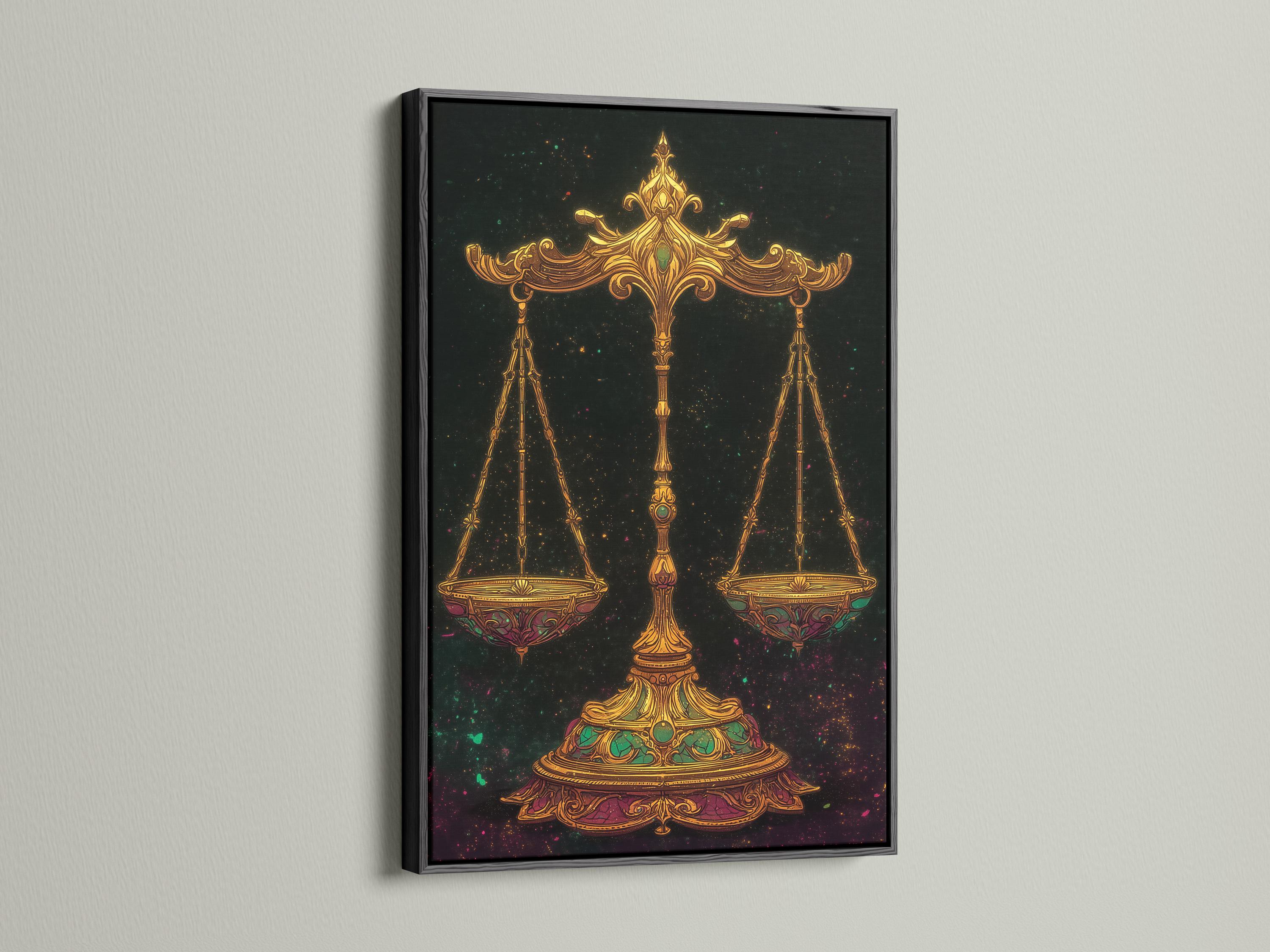 Ornate gold balance scales with emerald-green accents on a dark starry background detail view