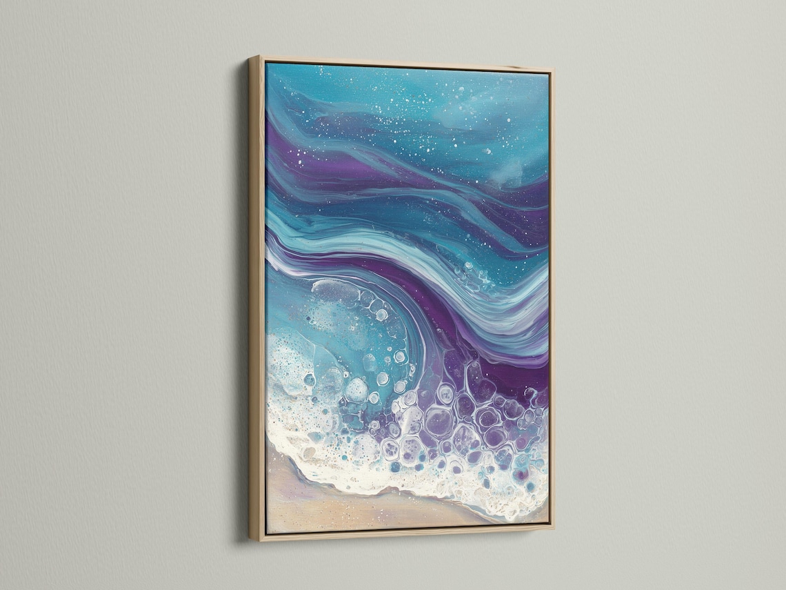 Fluid abstract ocean waves in teal and purple with bubble-like foam highlights detail view
