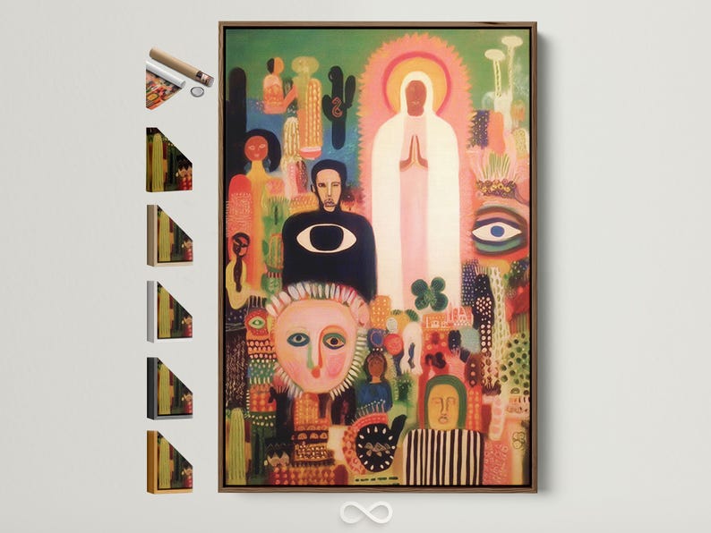 Sunburst halo abstract faces artwork with pink, green and gold figures