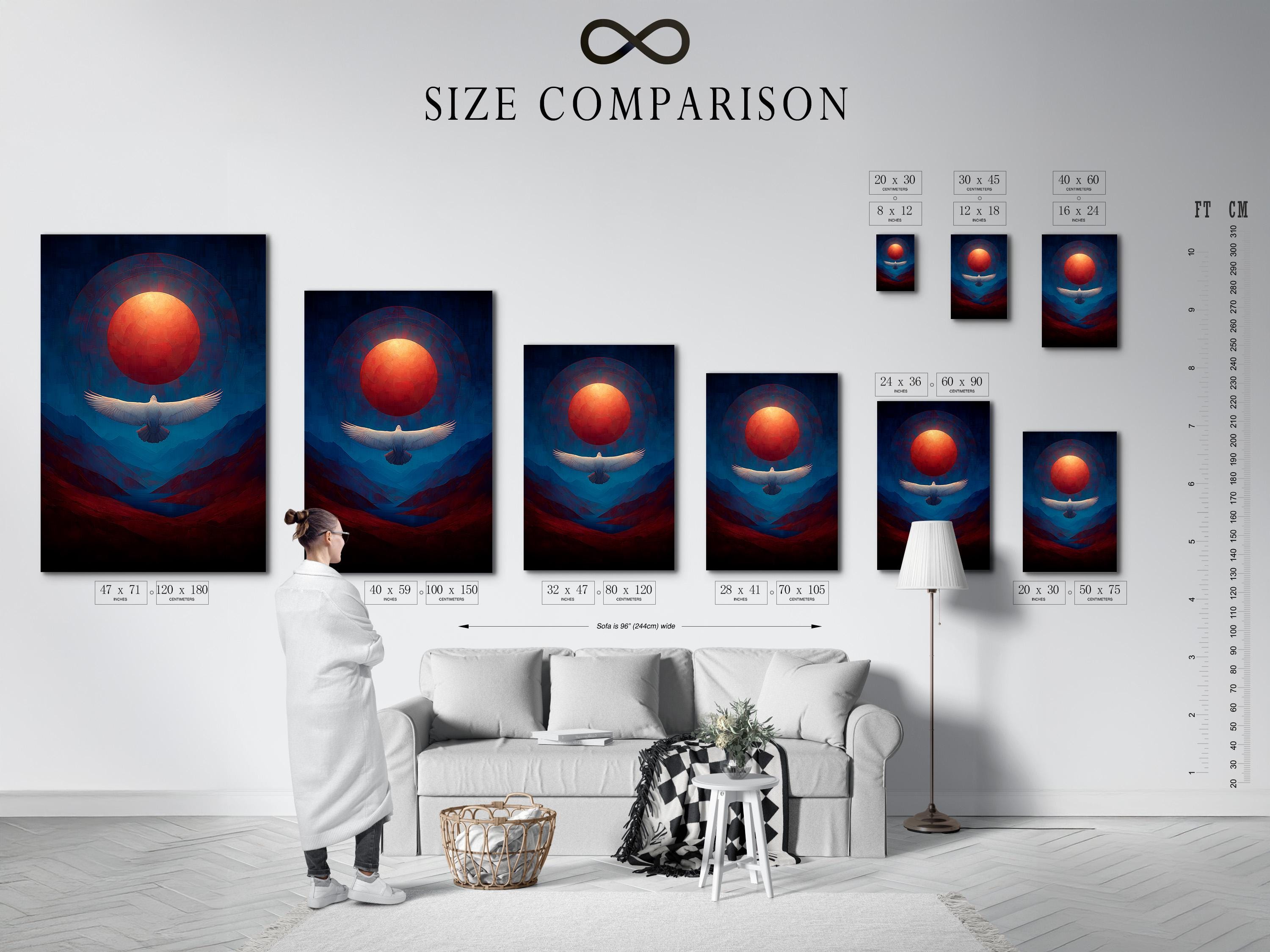 Artwork mockup showing a framed eagle over a blue and red mountain landscape with a glowing red sun