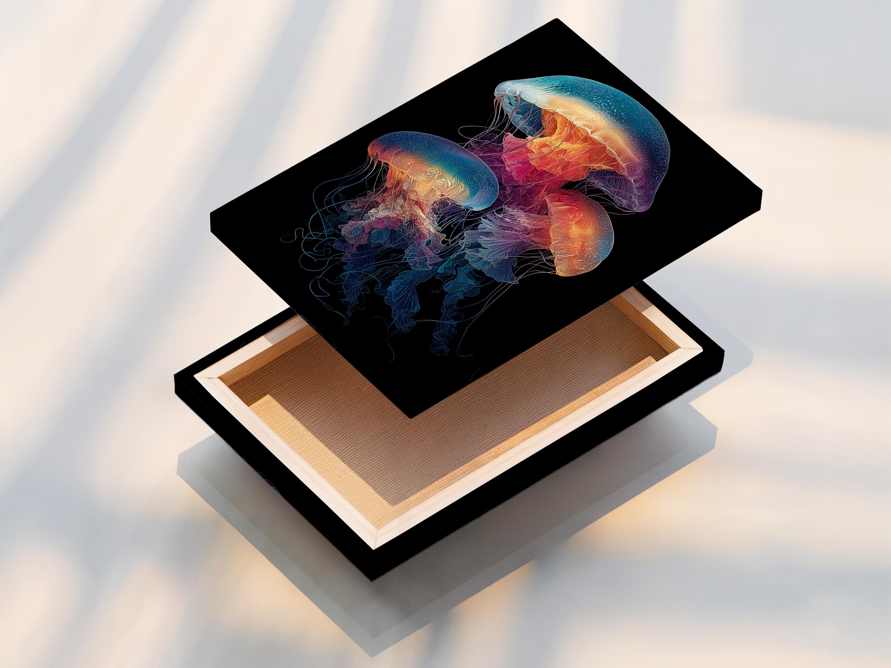 Illustration of a jellyfish with glowing teal, purple and orange colours on a dark background detail view