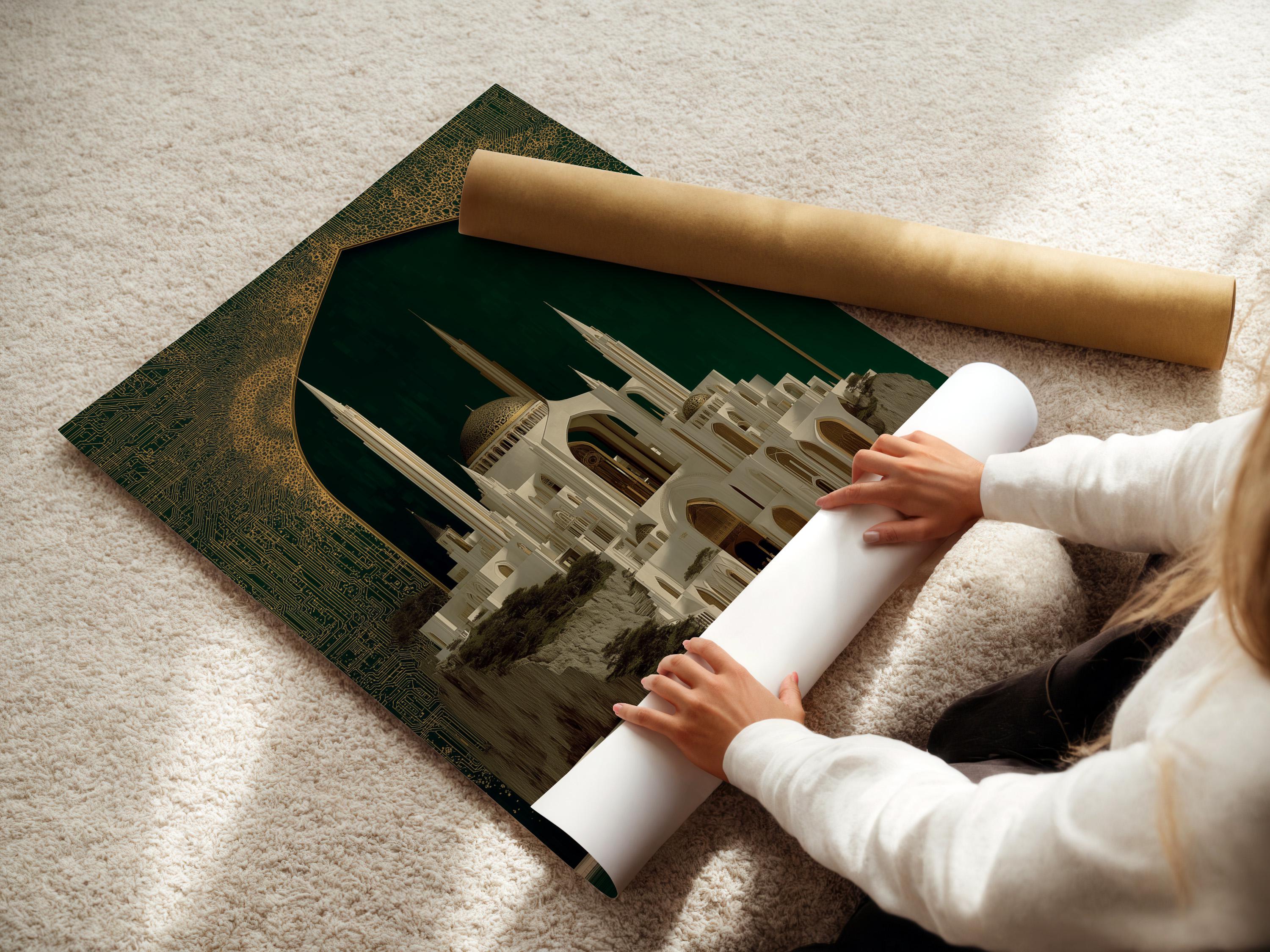 Framed mosque architecture artwork with emerald green background and gold ornate arch design detail view
