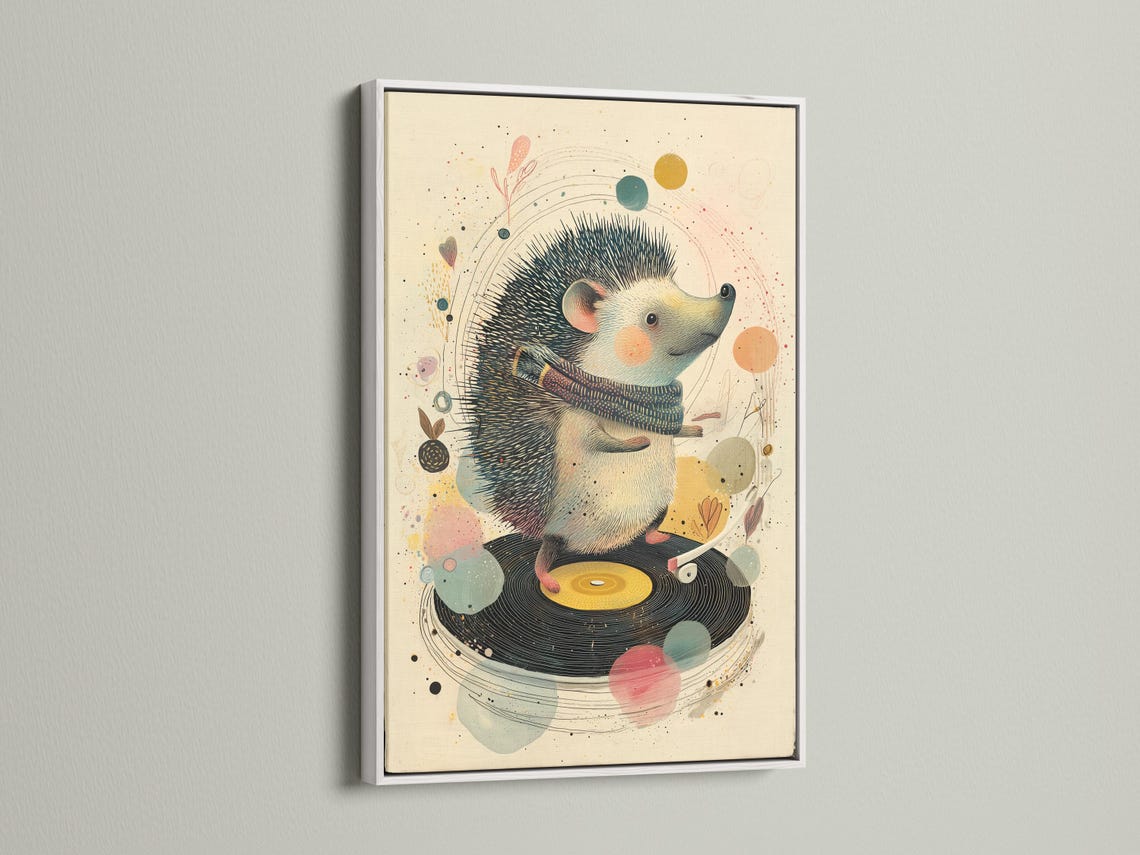 Illustrated hedgehog facing right over a vinyl record with music-themed speckles detail view