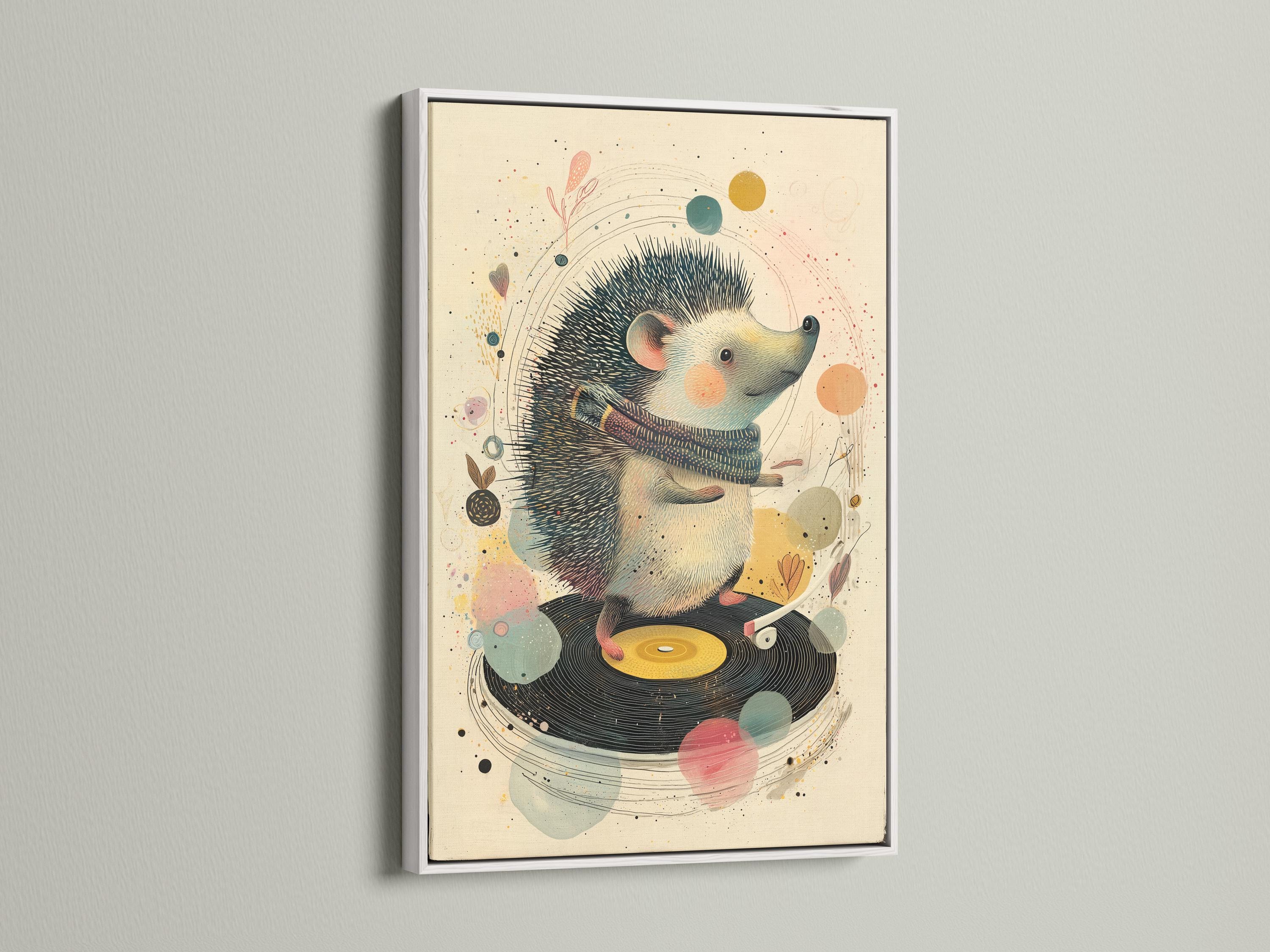 Illustrated hedgehog facing right over a vinyl record with music-themed speckles detail view
