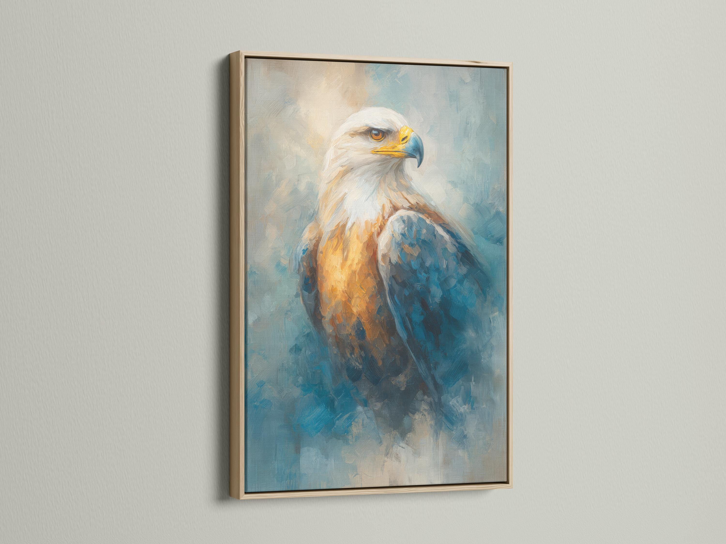 Room mockup showing framed eagle wall art with teal-blue and gold tones