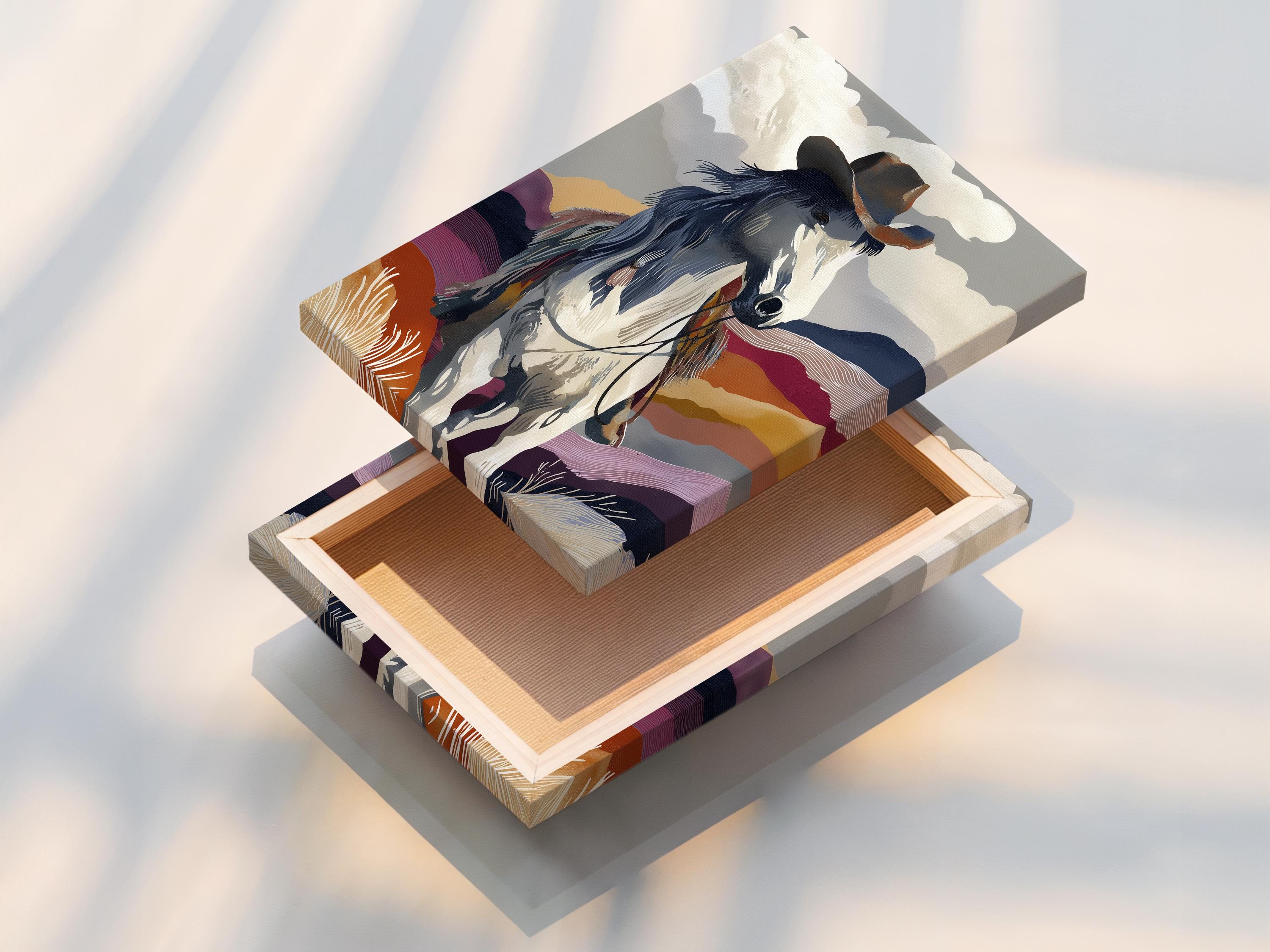 A stylised rearing horse over layered western hills and cloud shapes detail view