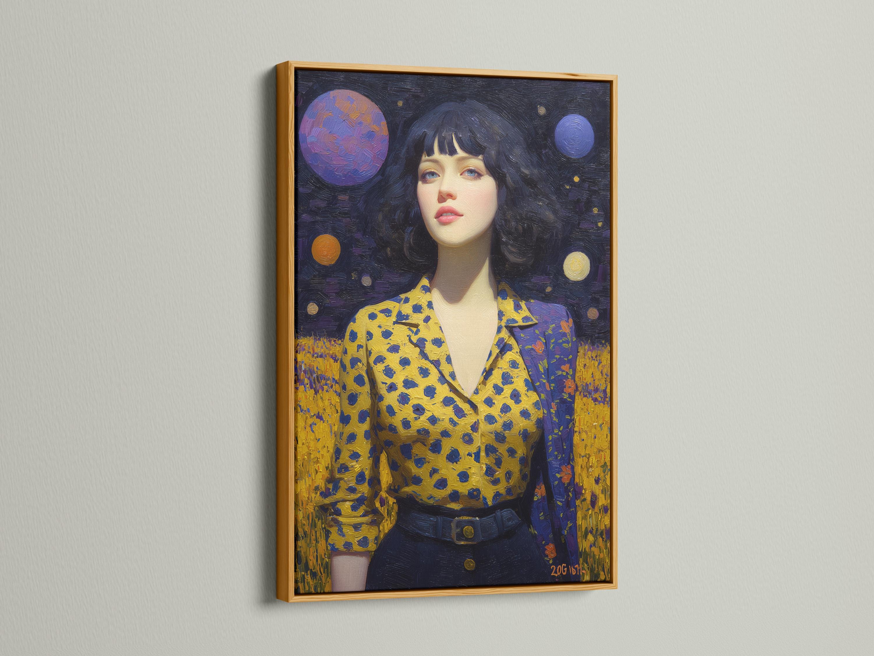 Stylised woman portrait in a dark starry galaxy with planets and a mustard-yellow patterned dress detail view