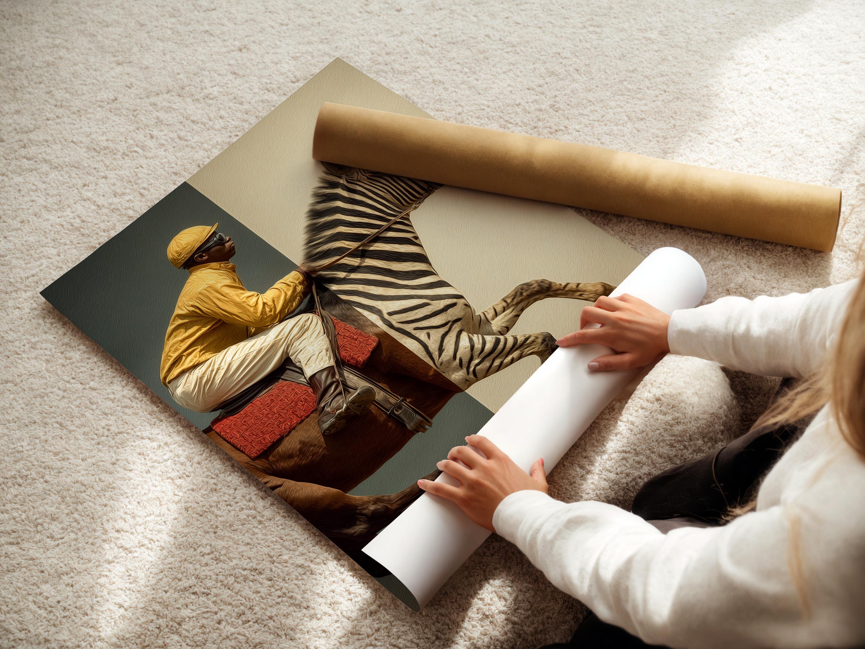 Room mockup showing framed zebra jockey artwork on a wall with side panel images