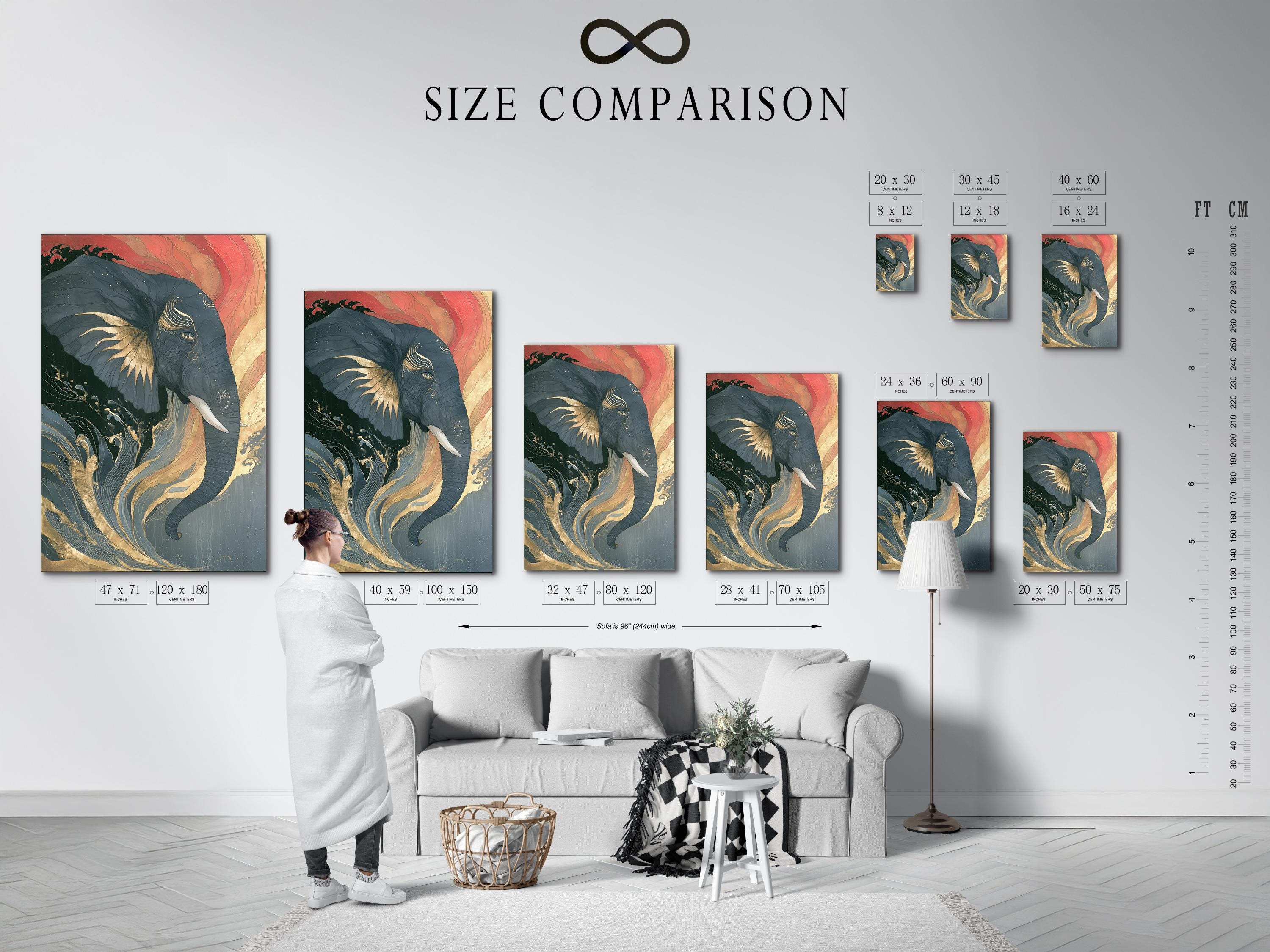 Abstract elephant portrait with swirling wave patterns in muted teal, coral pink and warm gold lines detail view