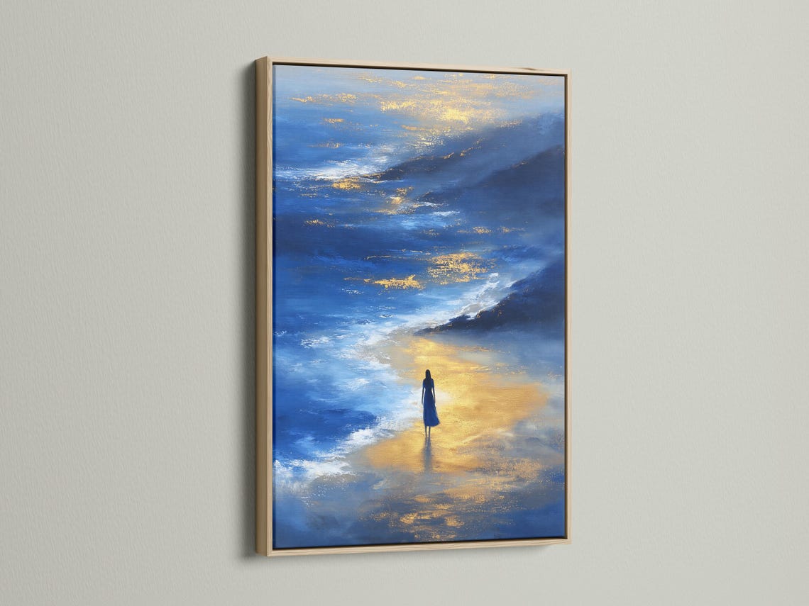 Blue and gold seascape artwork with layered ocean waves, a solitary figure, and a reflection detail view