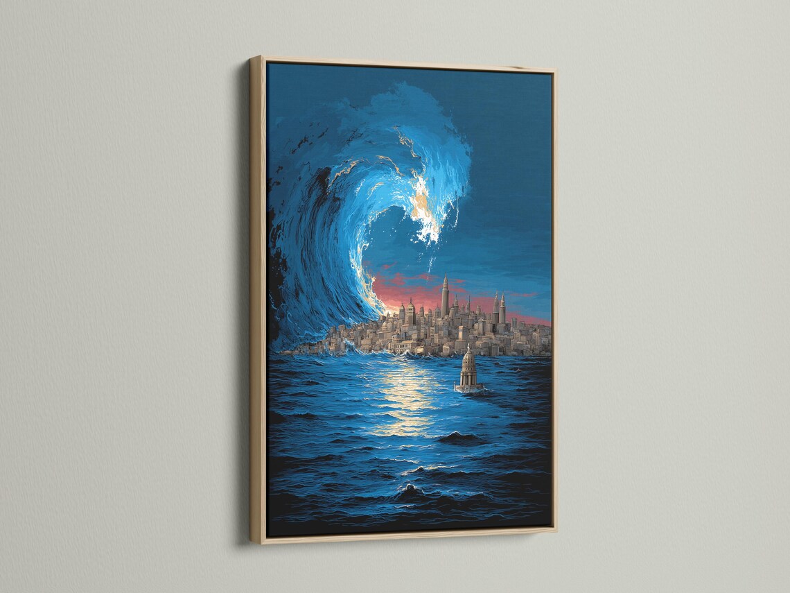 Coastal cityscape artwork in a framed wall mockup showing a large blue wave and skyline