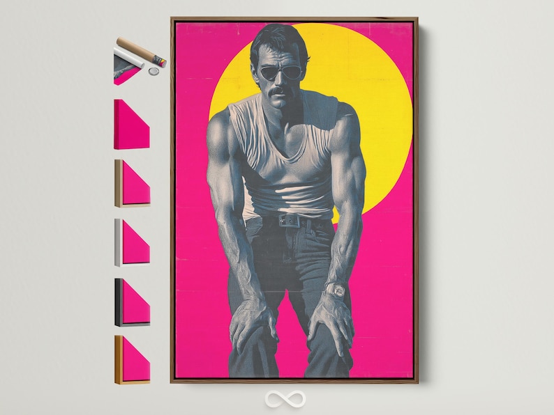 Retro pop art portrait of a man with sunglasses and tattoos on a hot pink background