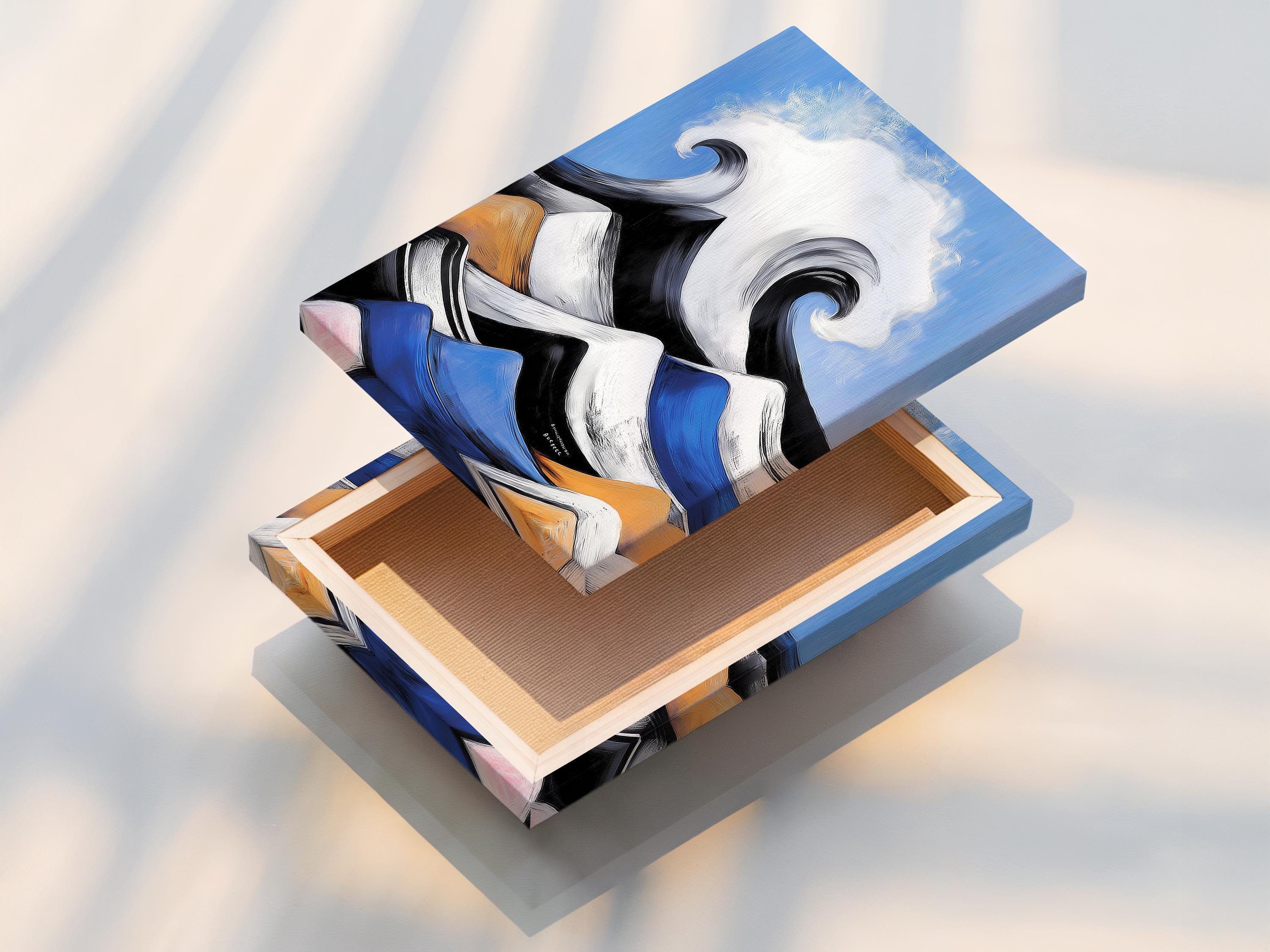 Abstract wave seascape with white and blue curling wave shapes on a blue background detail view