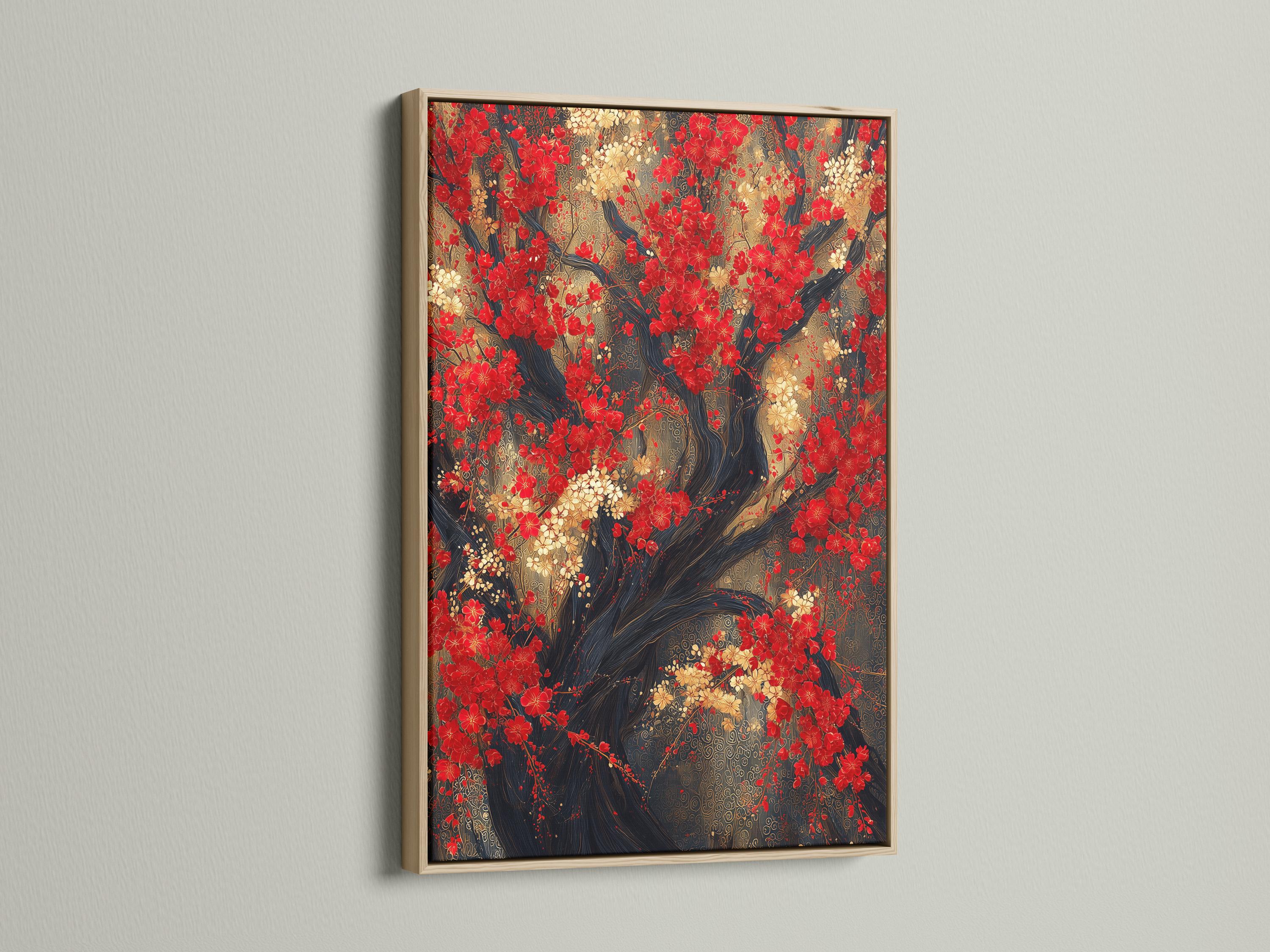 Red blossom tree artwork with dark branches and clusters of red, cream and gold flowers detail view