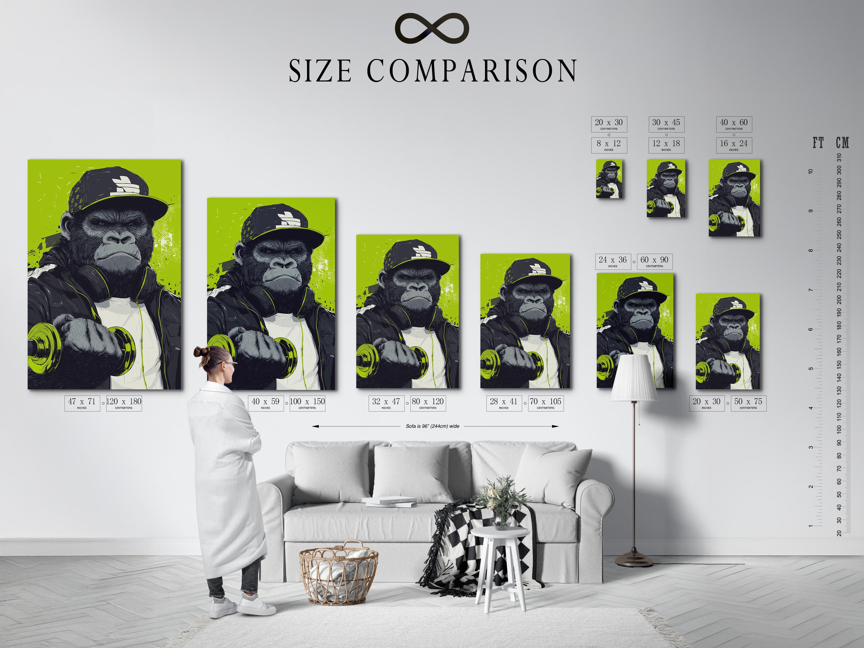 Mockup showing a framed gorilla barbell street-art image with a neon lime green background