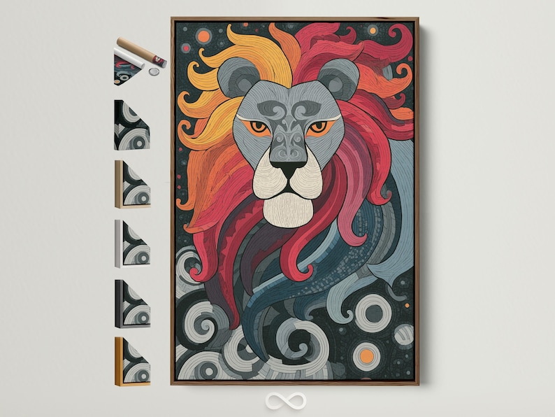 Stylised lion portrait with red and orange mane on a dark teal swirl background