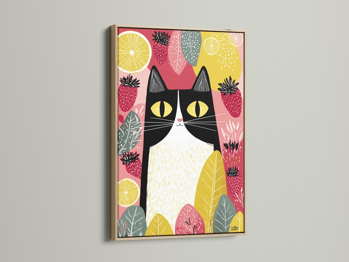 Illustrated black cat with yellow eyes surrounded by strawberries, citrus slices and leaves detail view