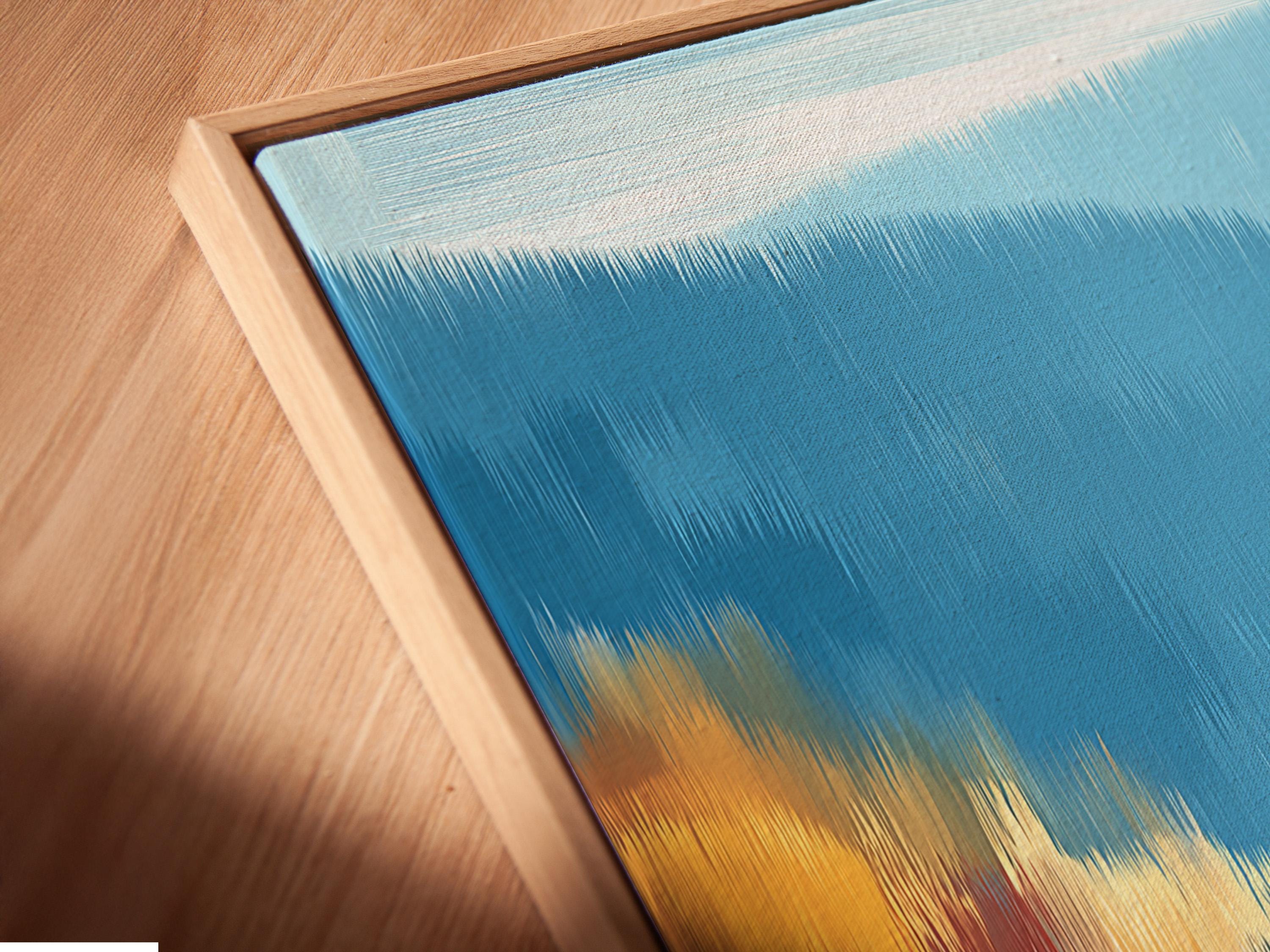 Stylised painting of runners in blue with warm gold horizon light and reflective foreground detail view