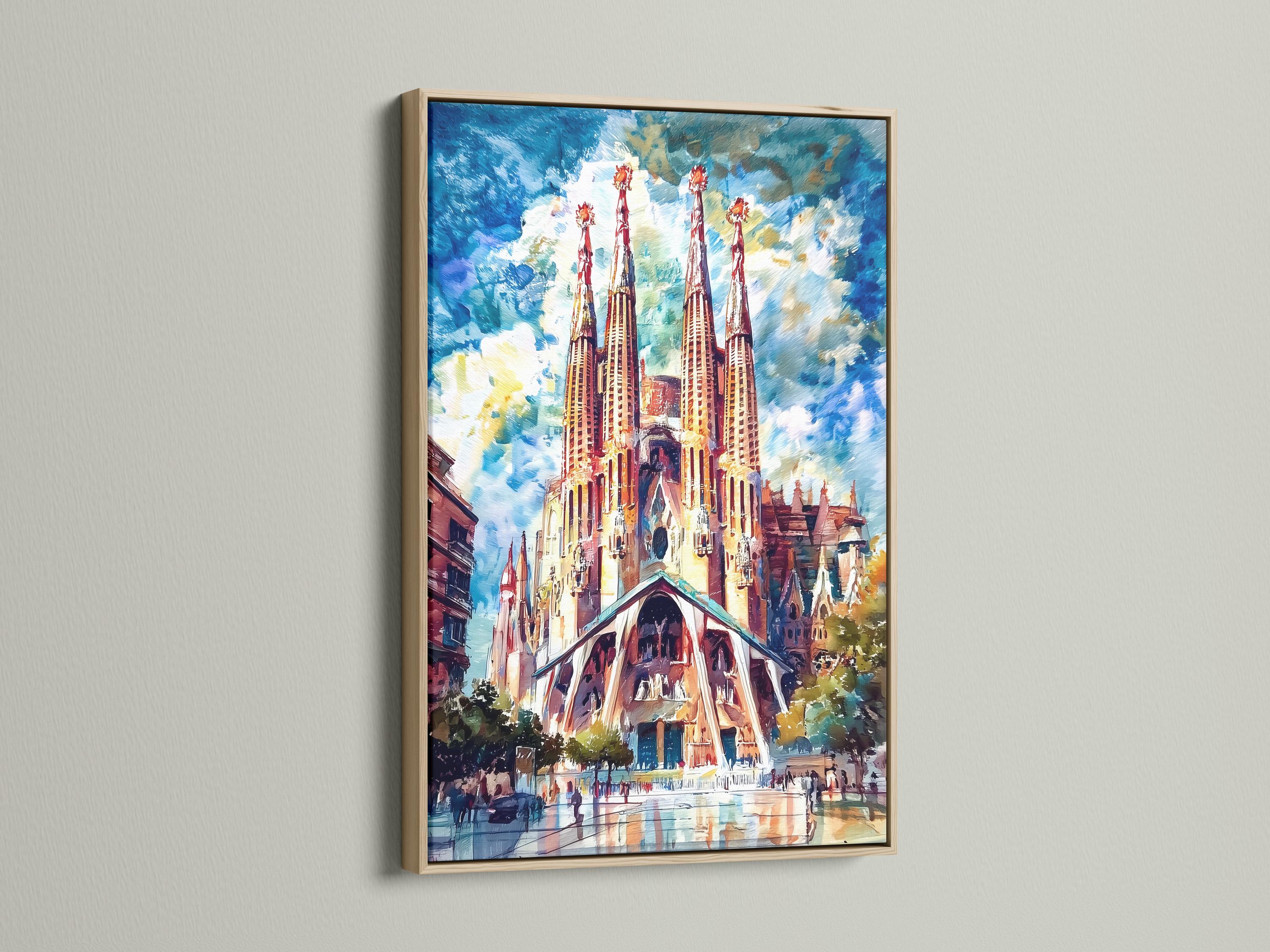 Room mockup showing a framed cathedral spires artwork on a blue wall above a desk