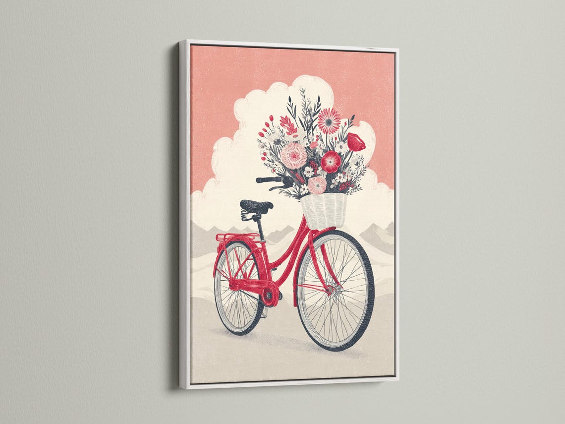 A red bicycle is decorated with a large bouquet of flowers and leaves, set against a dusty pink sky and pale landscape shapes detail view