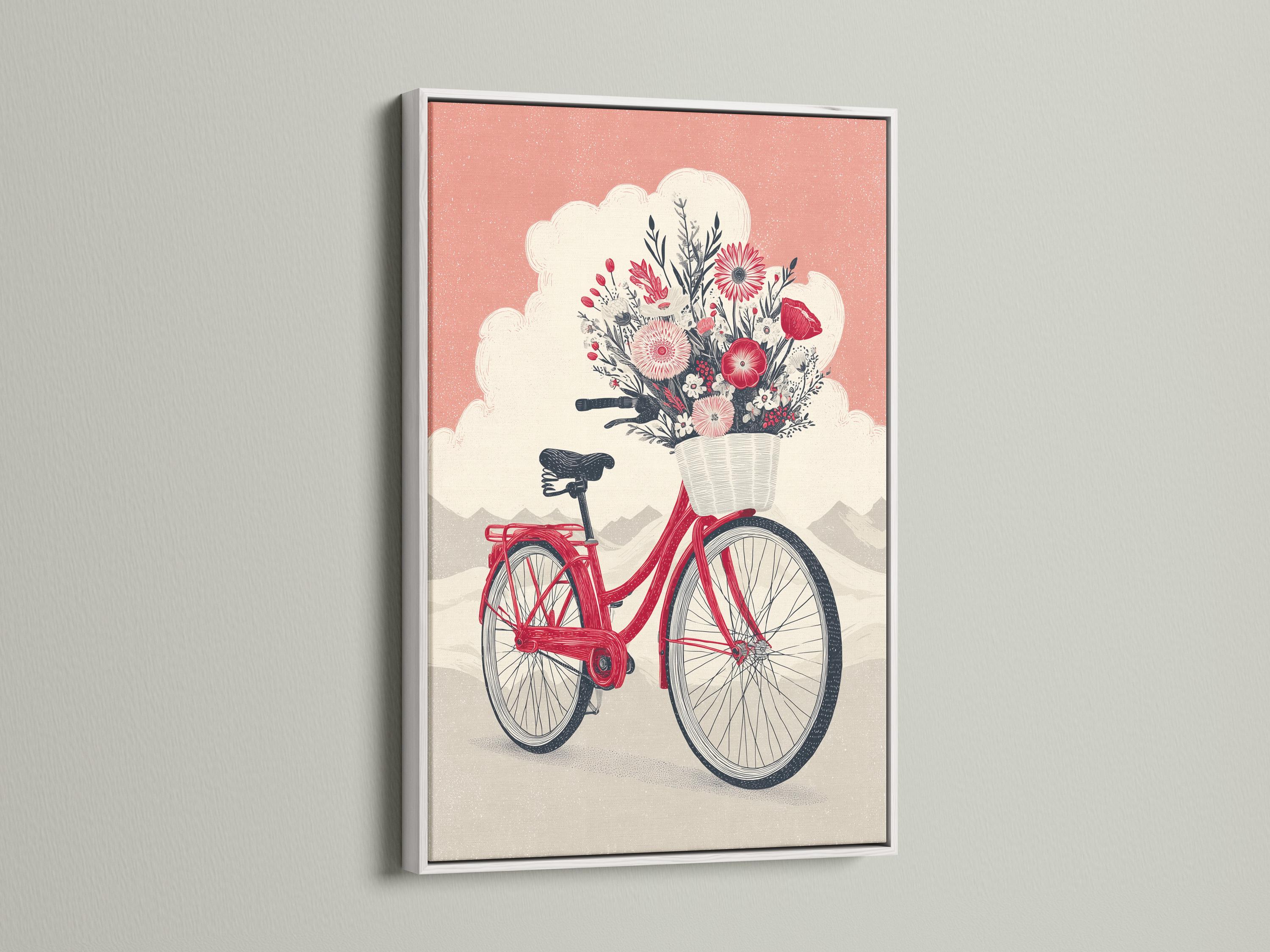 A red bicycle is decorated with a large bouquet of flowers and leaves, set against a dusty pink sky and pale landscape shapes detail view