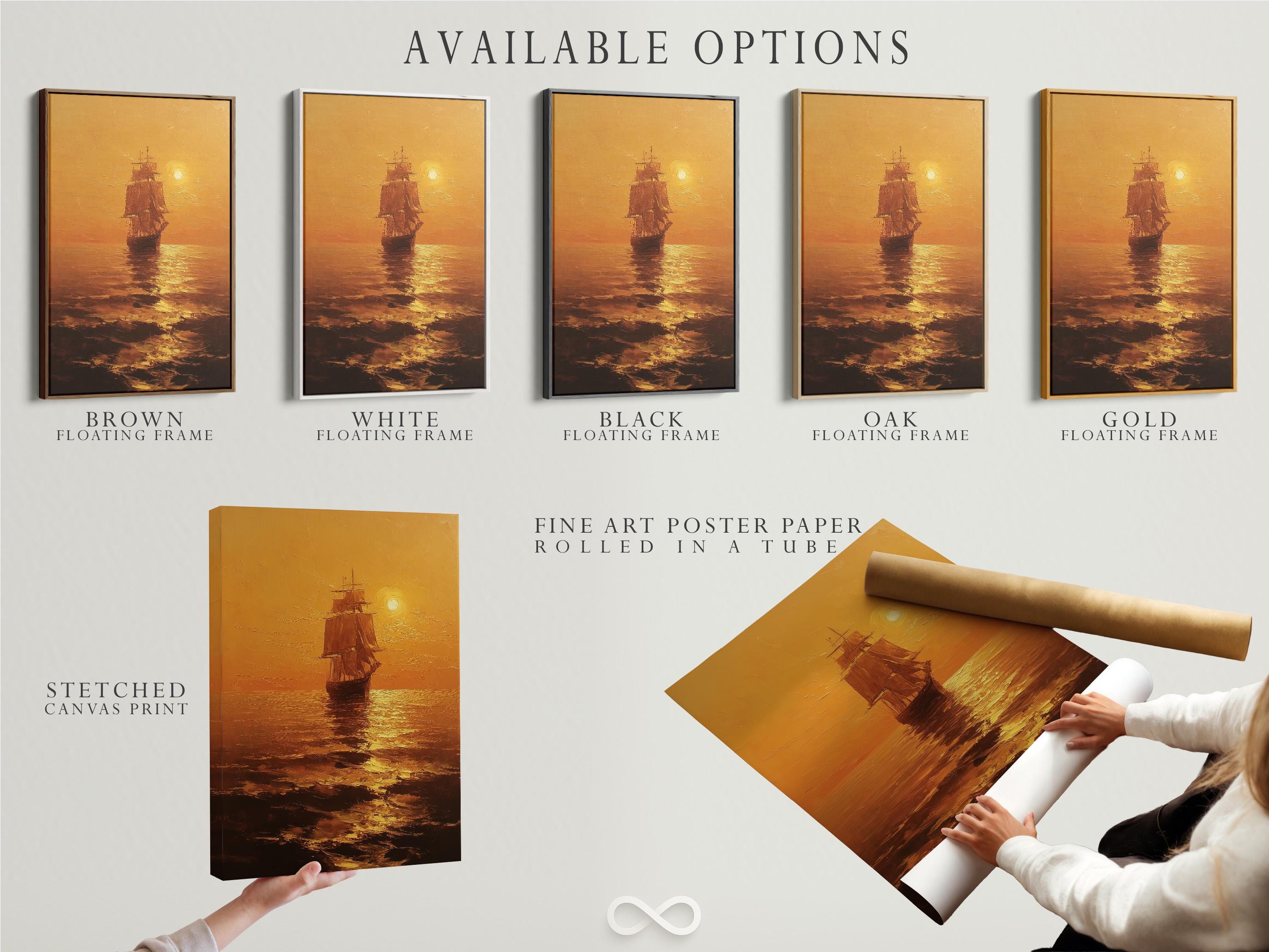 Room mockup showing a warm golden seascape with a sailing ship and glowing sun