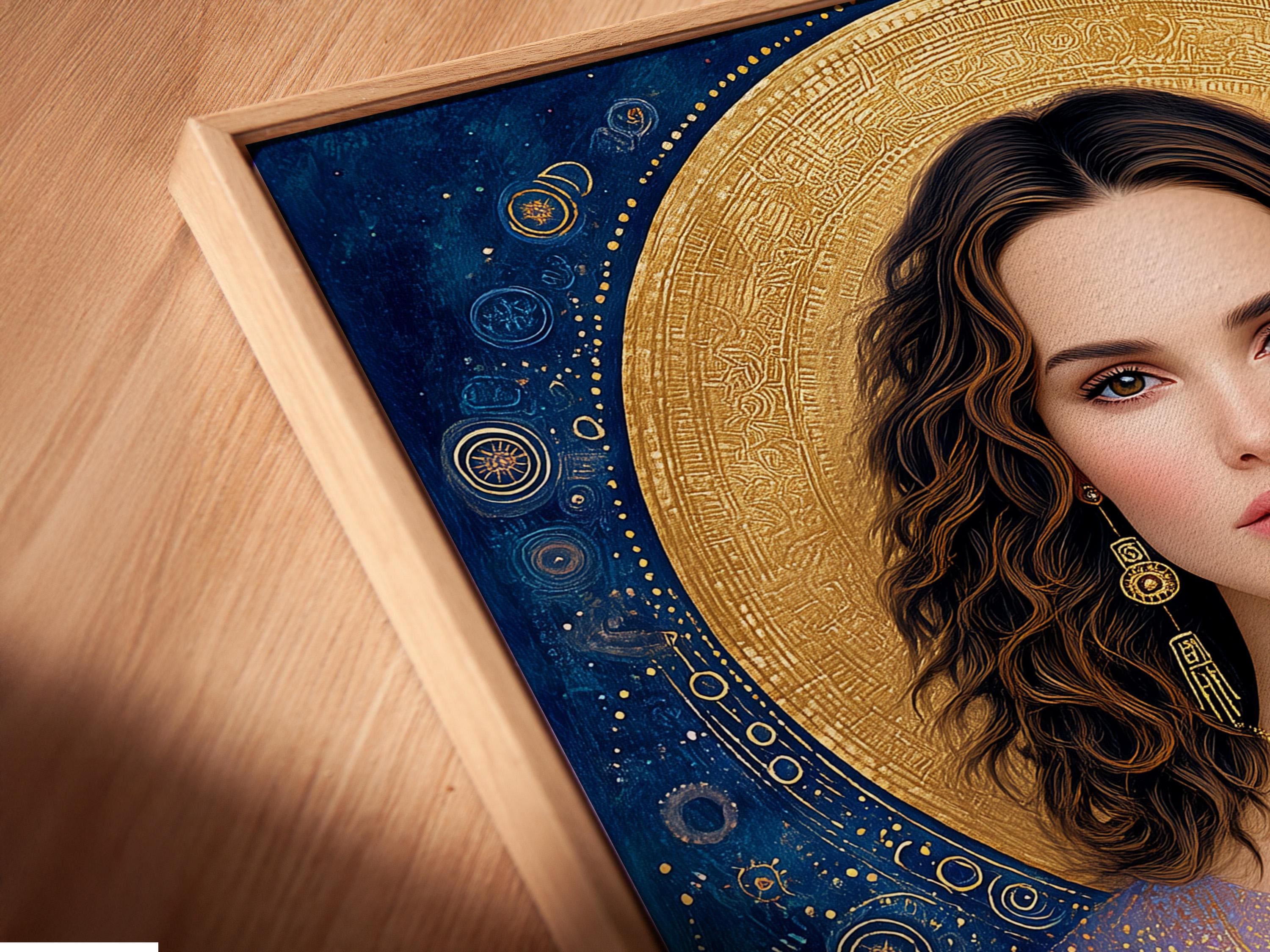 Celestial goddess portrait with a gold halo, blue and purple robe, and decorative star-like speckles detail view
