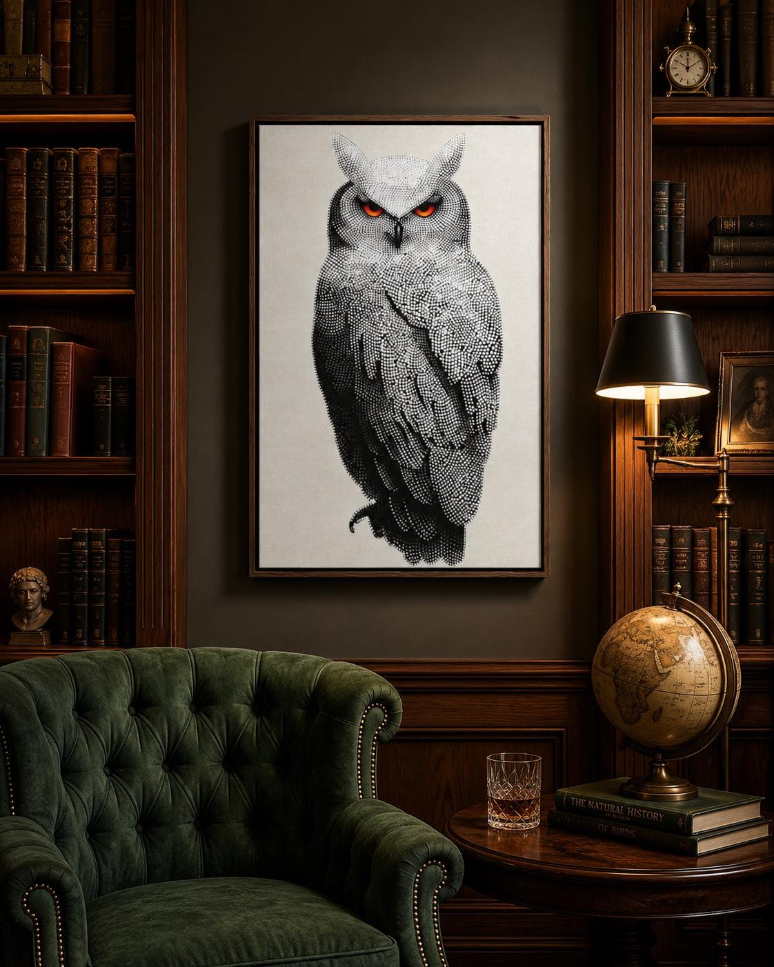 Dotted owl artwork in black and white with bright red-orange eyes detail view