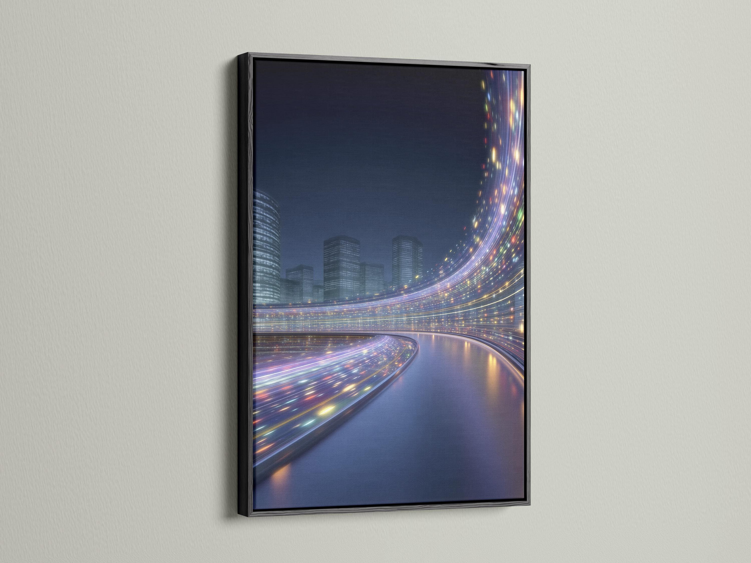 Night cityscape with high-rise buildings, a curving road, and glowing light trails detail view