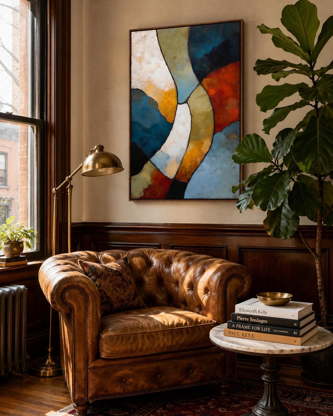 Man sitting on a sofa in a room, with an abstract geometric artwork on the wall