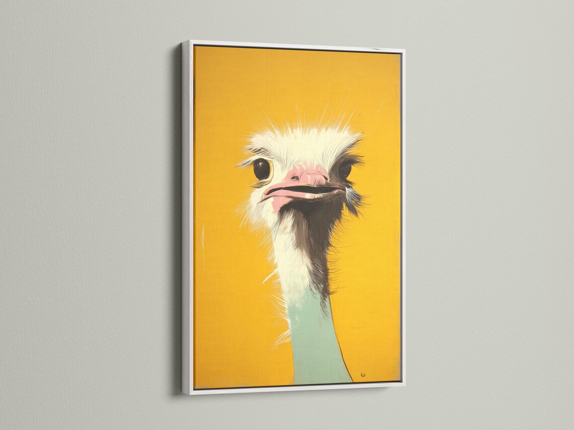 Stylised ostrich head portrait in mustard yellow with white feathers, dark eyes and a pink beak interior detail view