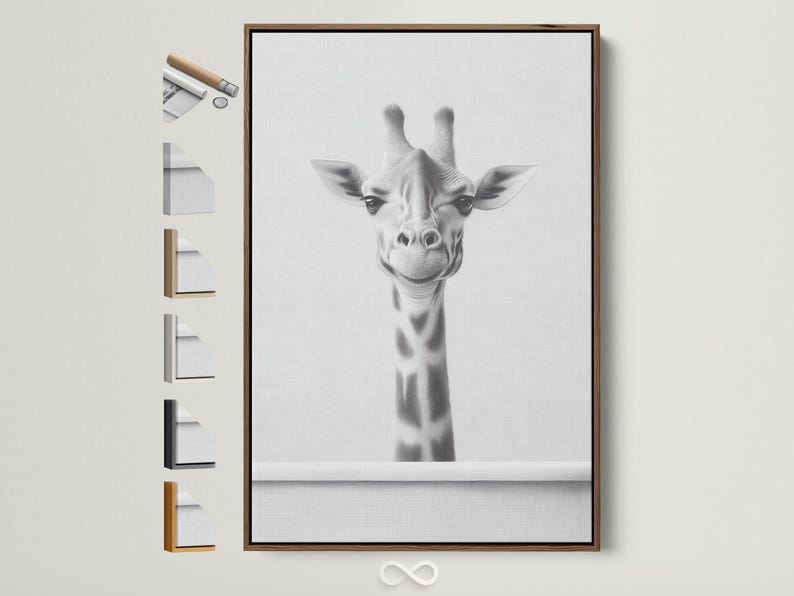 Black and white giraffe portrait illustration with soft sketch shading