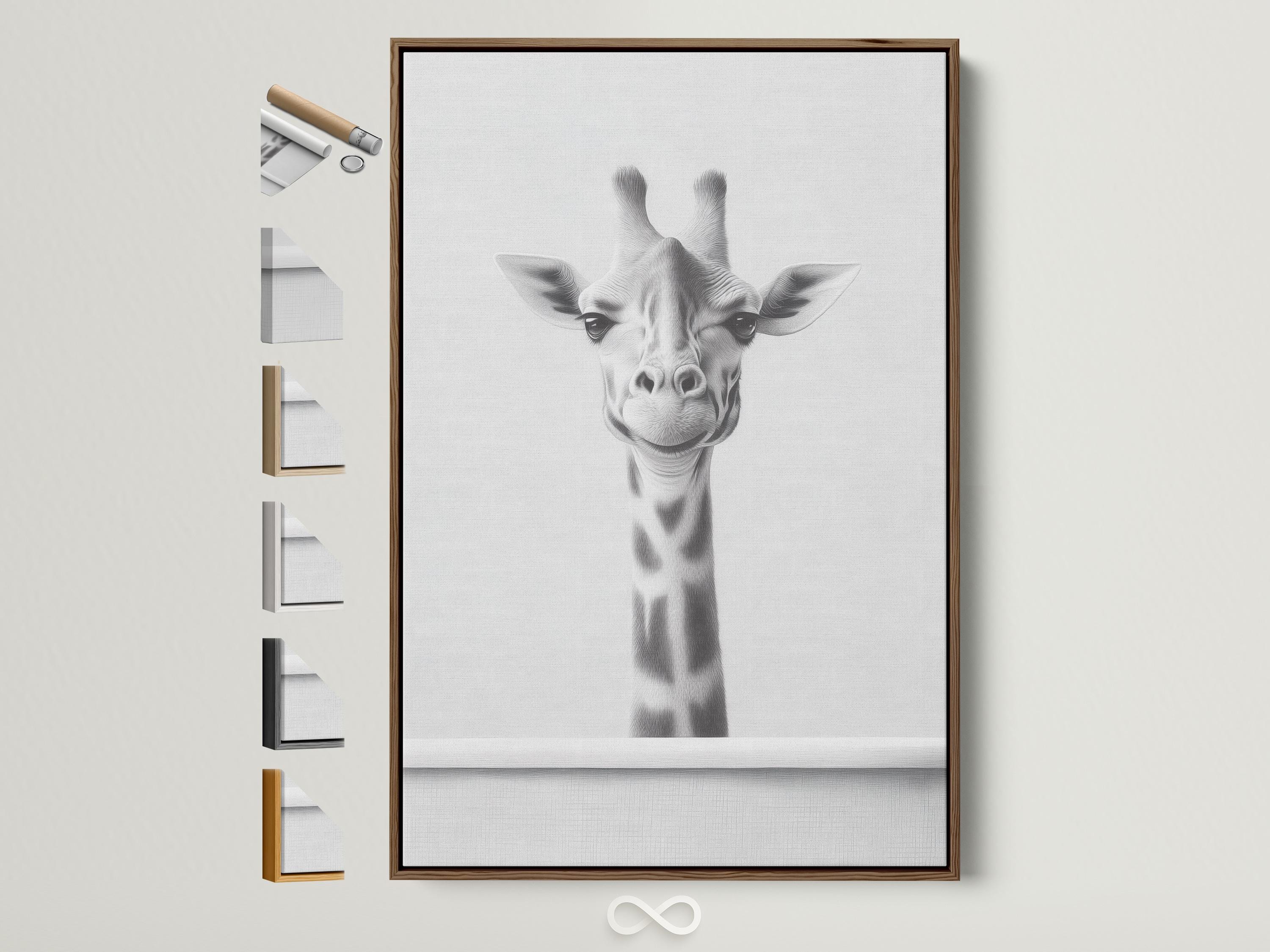 Black and white giraffe portrait illustration with soft sketch shading