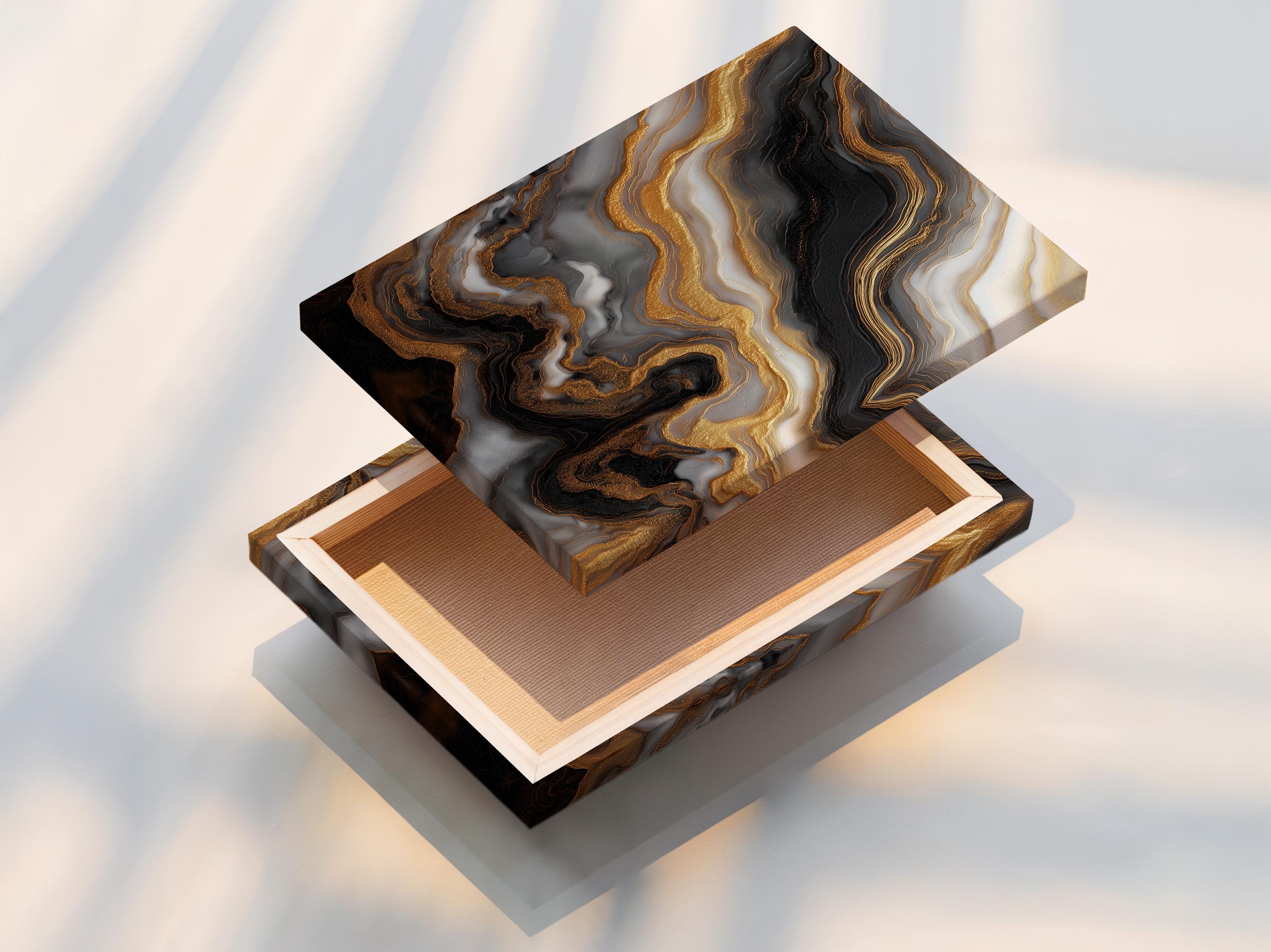 Abstract marble-like design with black and grey swirls and gold vein lines detail view