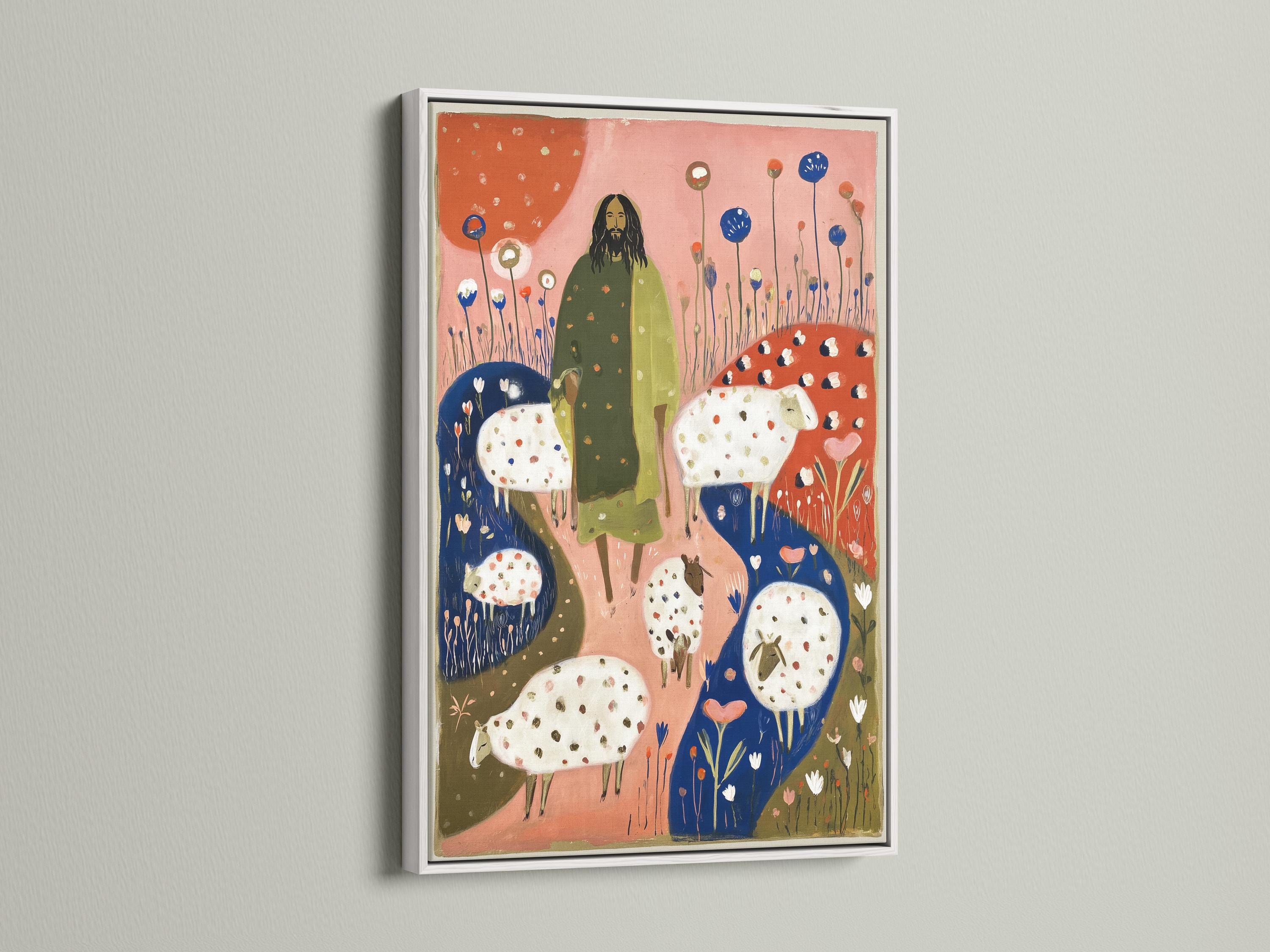Folk-art illustration of a robed figure standing with spotted sheep in a field of blue flowers detail view