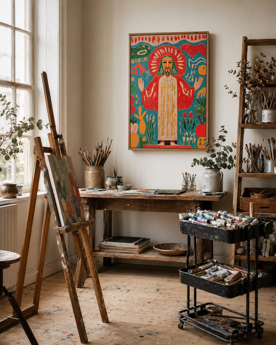 Religious sacred figure artwork displayed above a decorative console in a living room