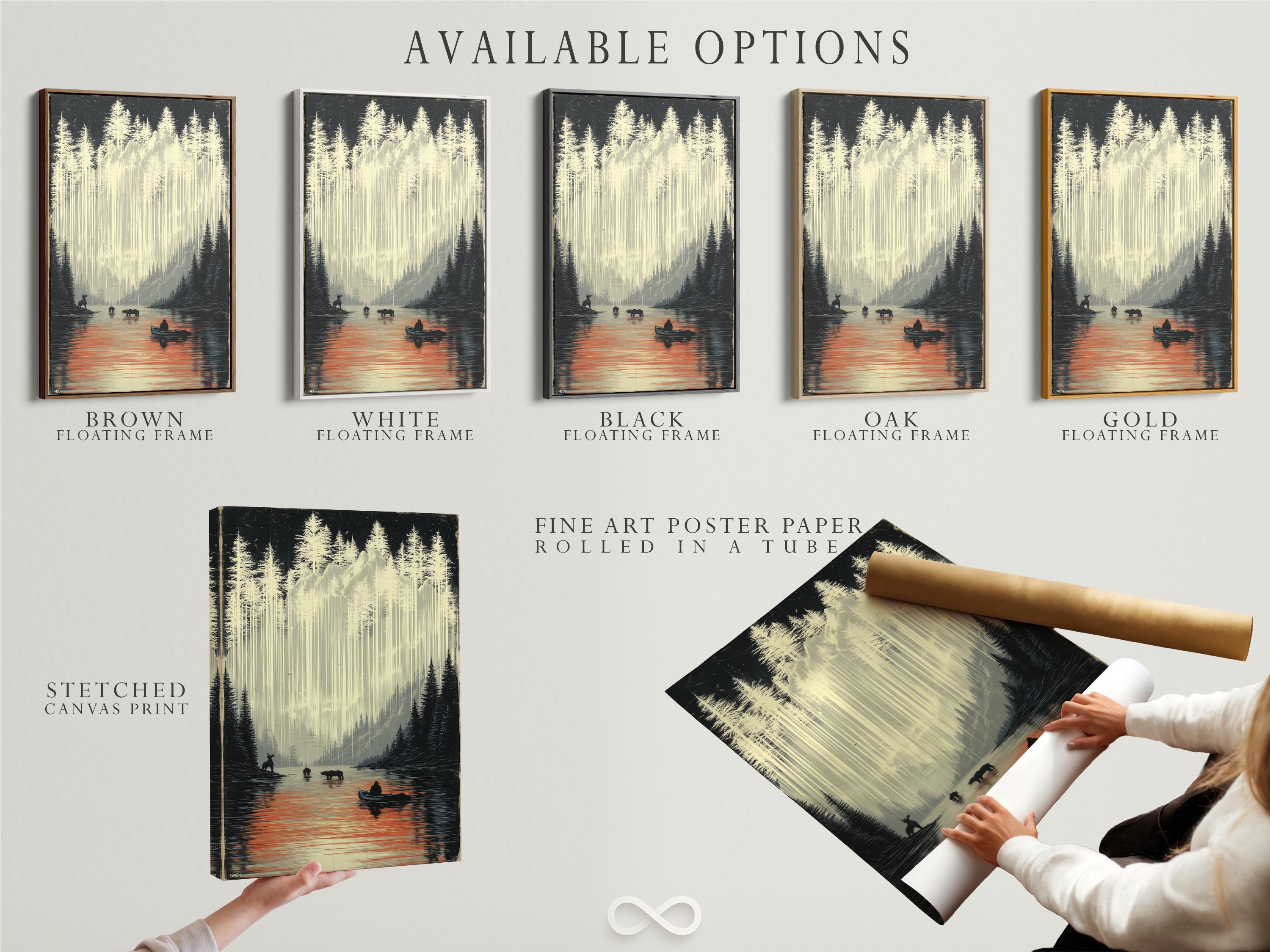 Room mockup showing a framed misty lake wildlife landscape artwork