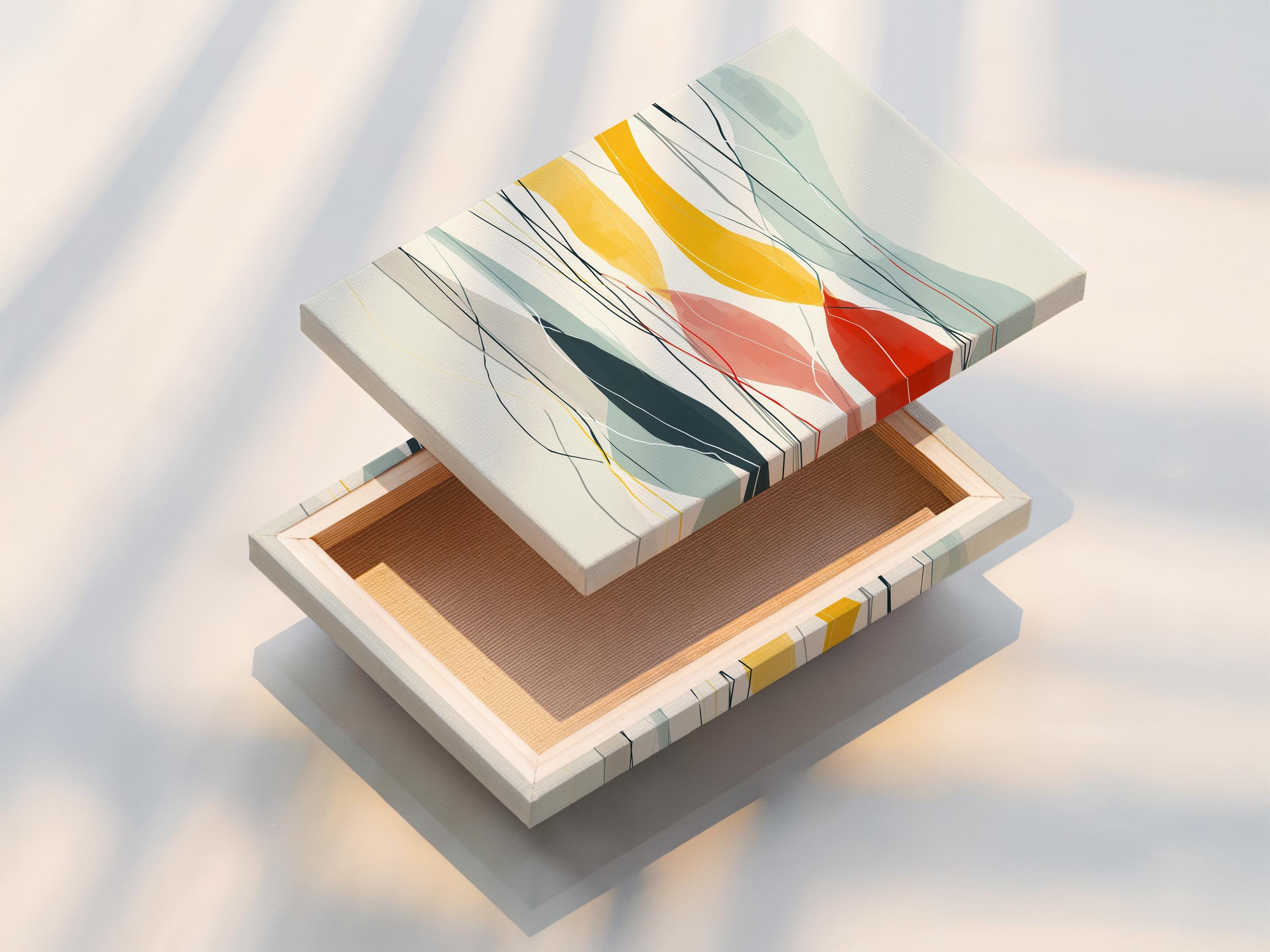 Mountain-inspired abstract geometric landscape in mint, cream, ochre and red with contour lines detail view