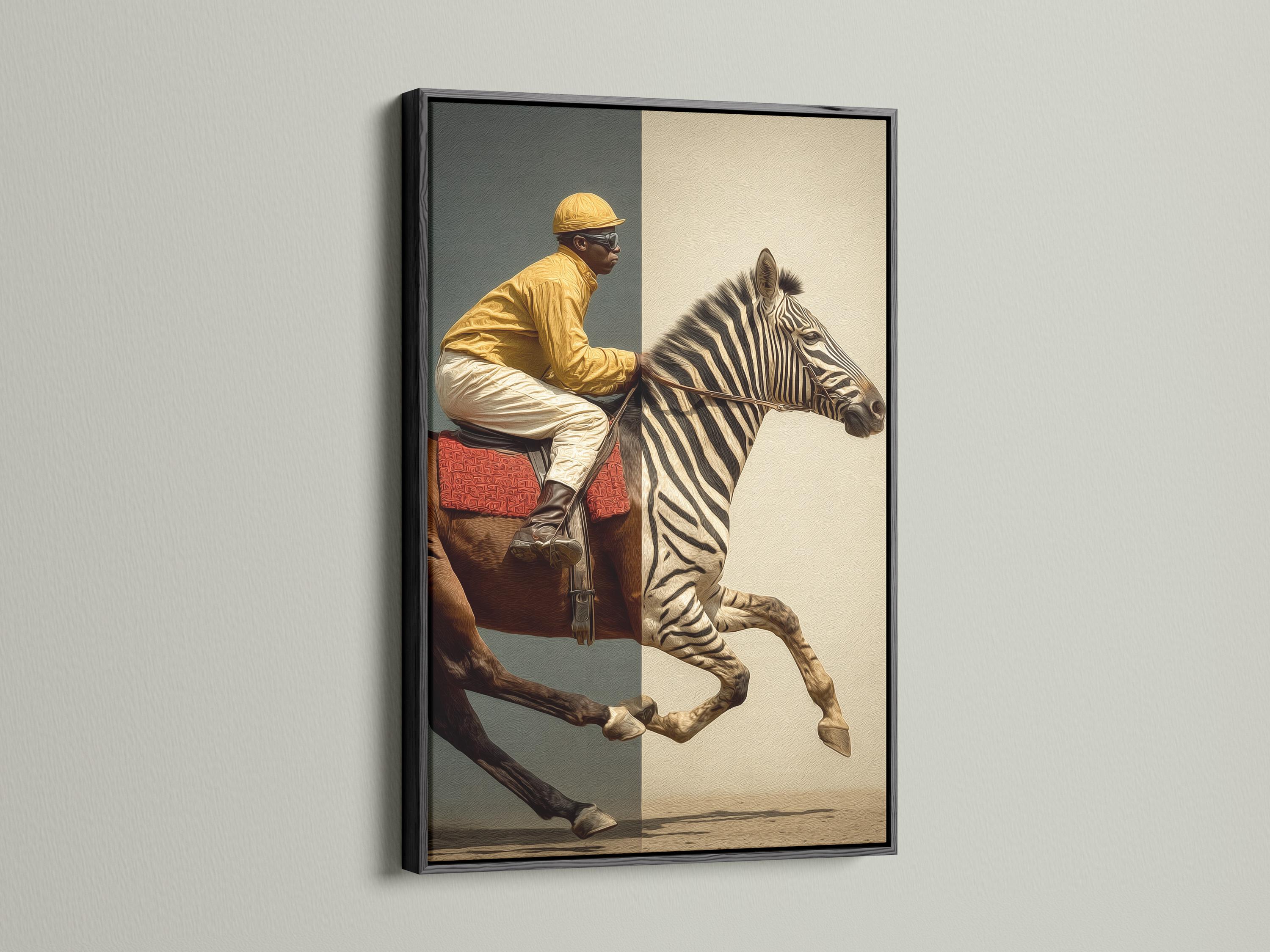 Room mockup showing framed zebra jockey artwork on a wall with side panel images