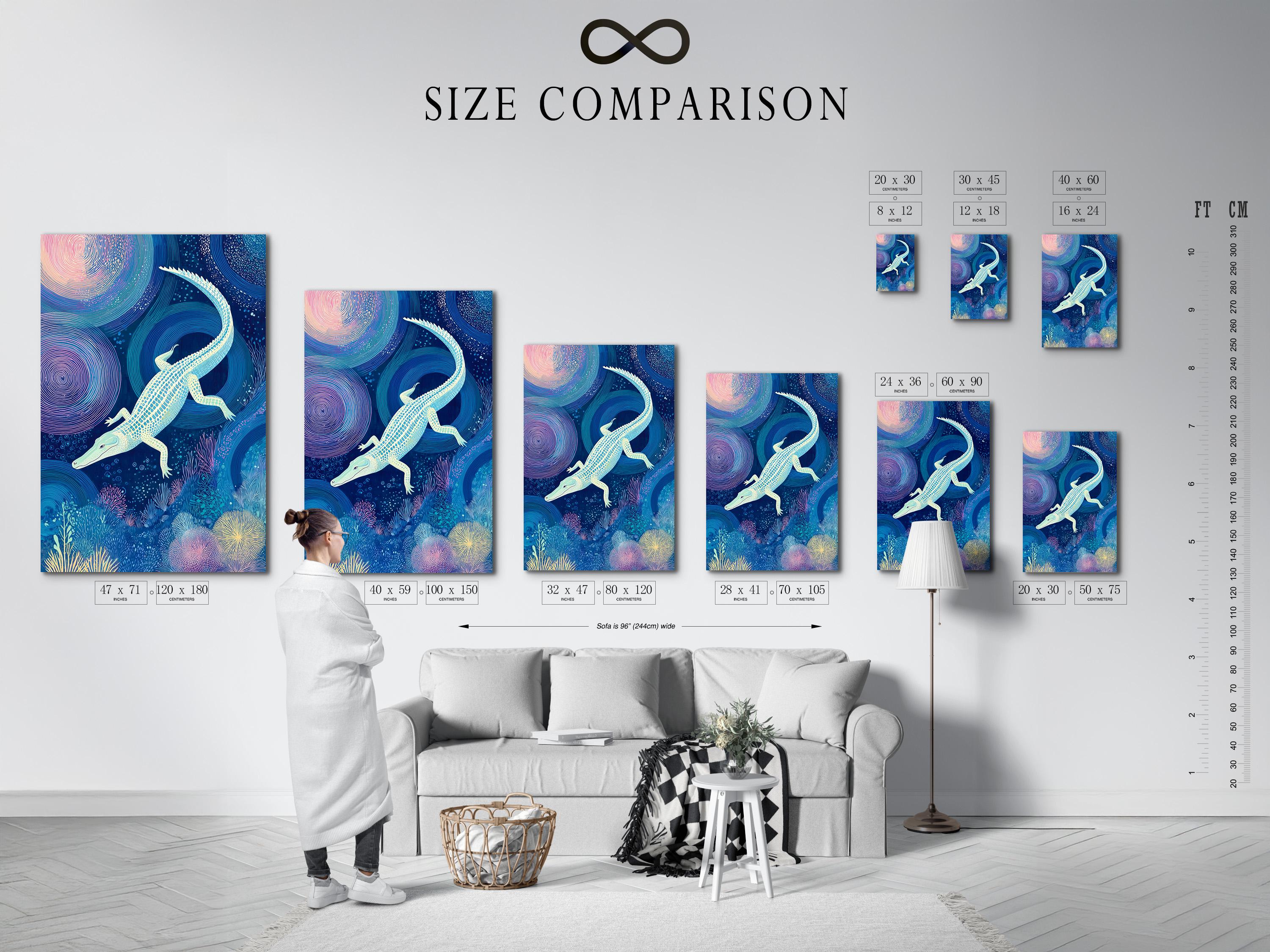 Alligator-themed underwater artwork in a brown frame shown on a wall with small packaging images around it