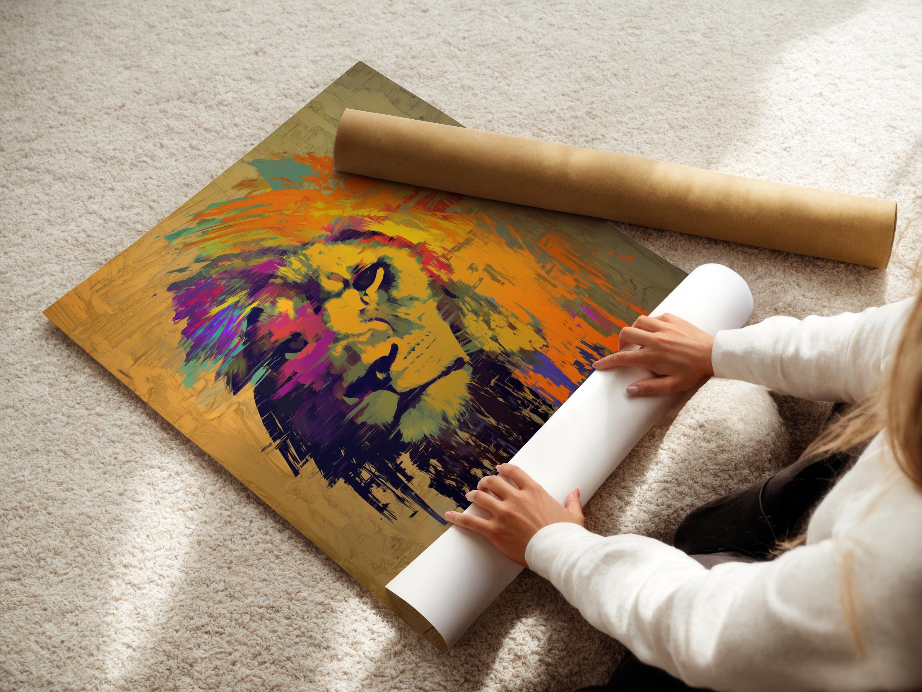 Stylised lion head artwork in warm beige with orange, purple and turquoise brush strokes detail view
