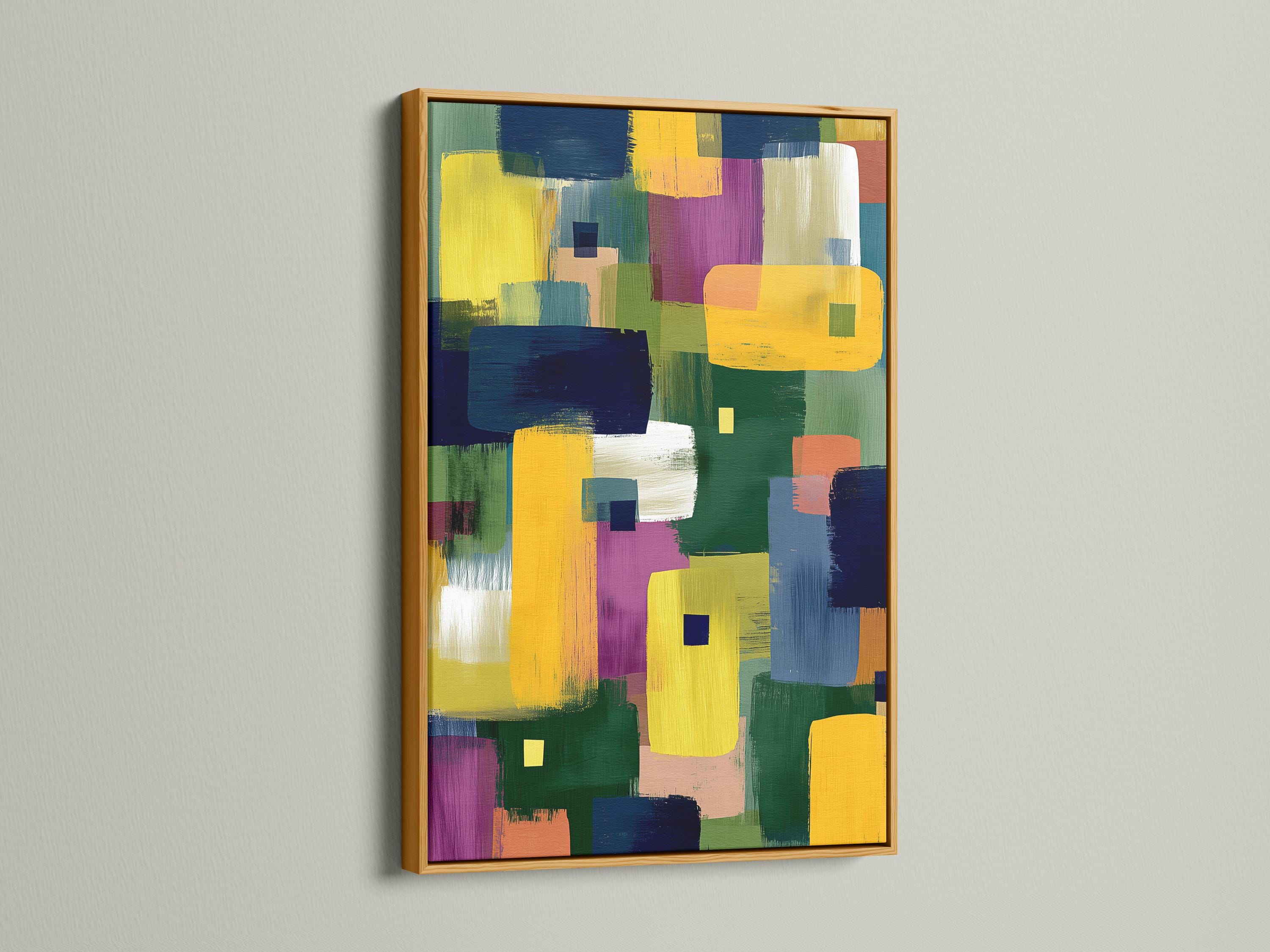Geometric abstract artwork with overlapping blocks and squares in yellow, navy, green, and purple detail view
