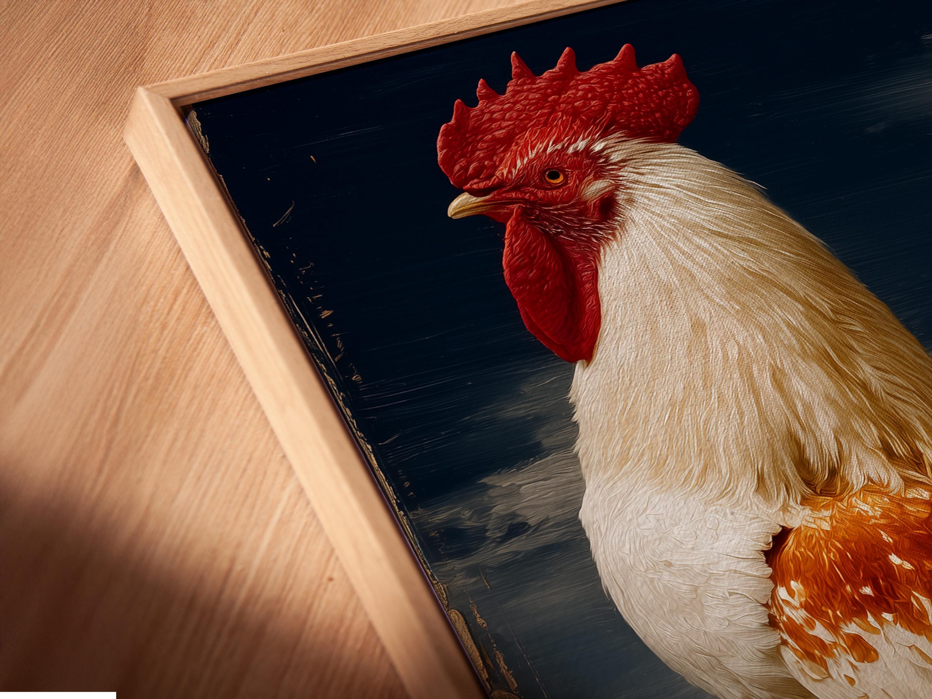Vintage rooster portrait with red comb and pale feathers in a countryside landscape detail view