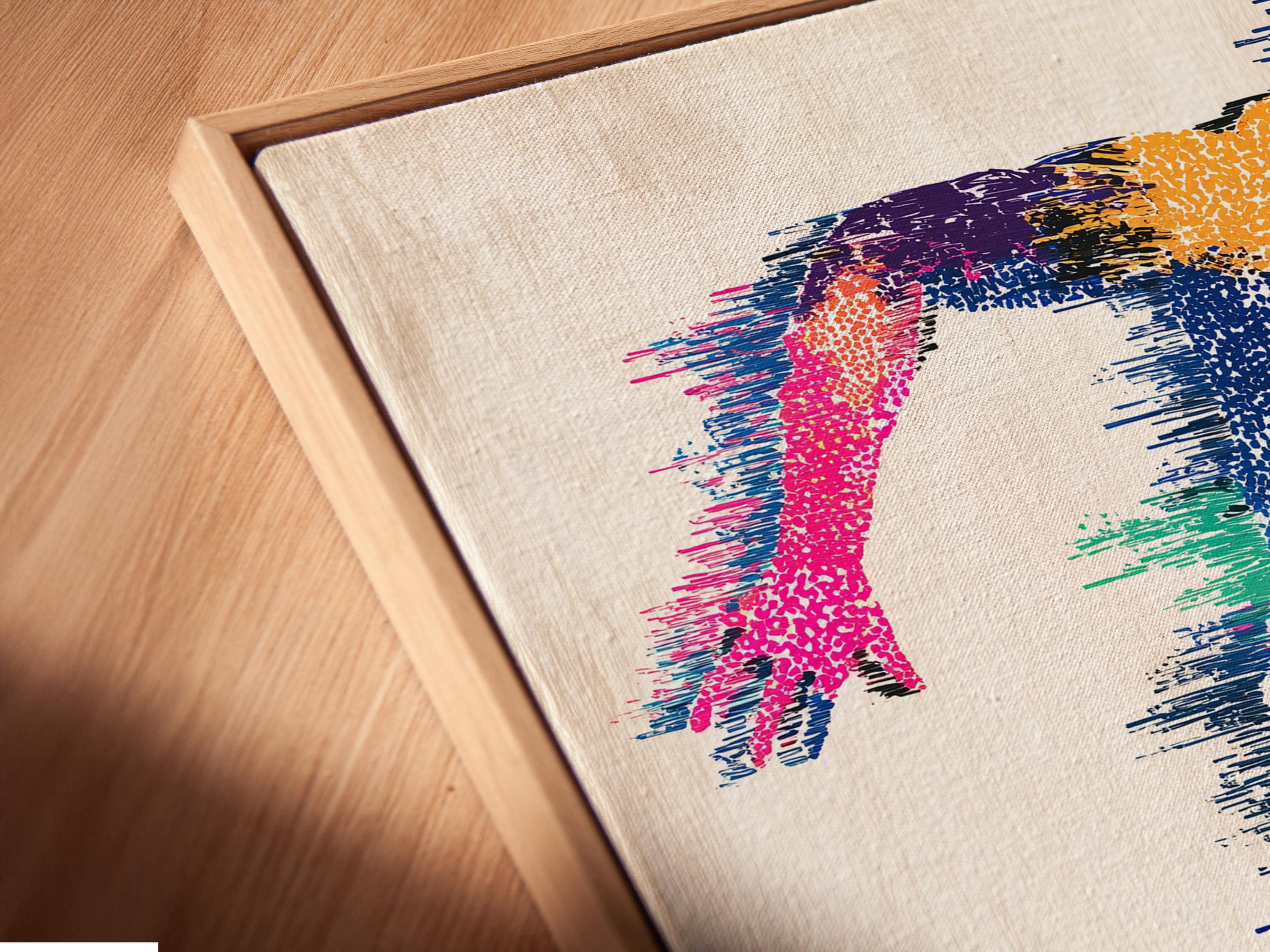 Abstract running man artwork with multicolour speckled figure and black accents detail view