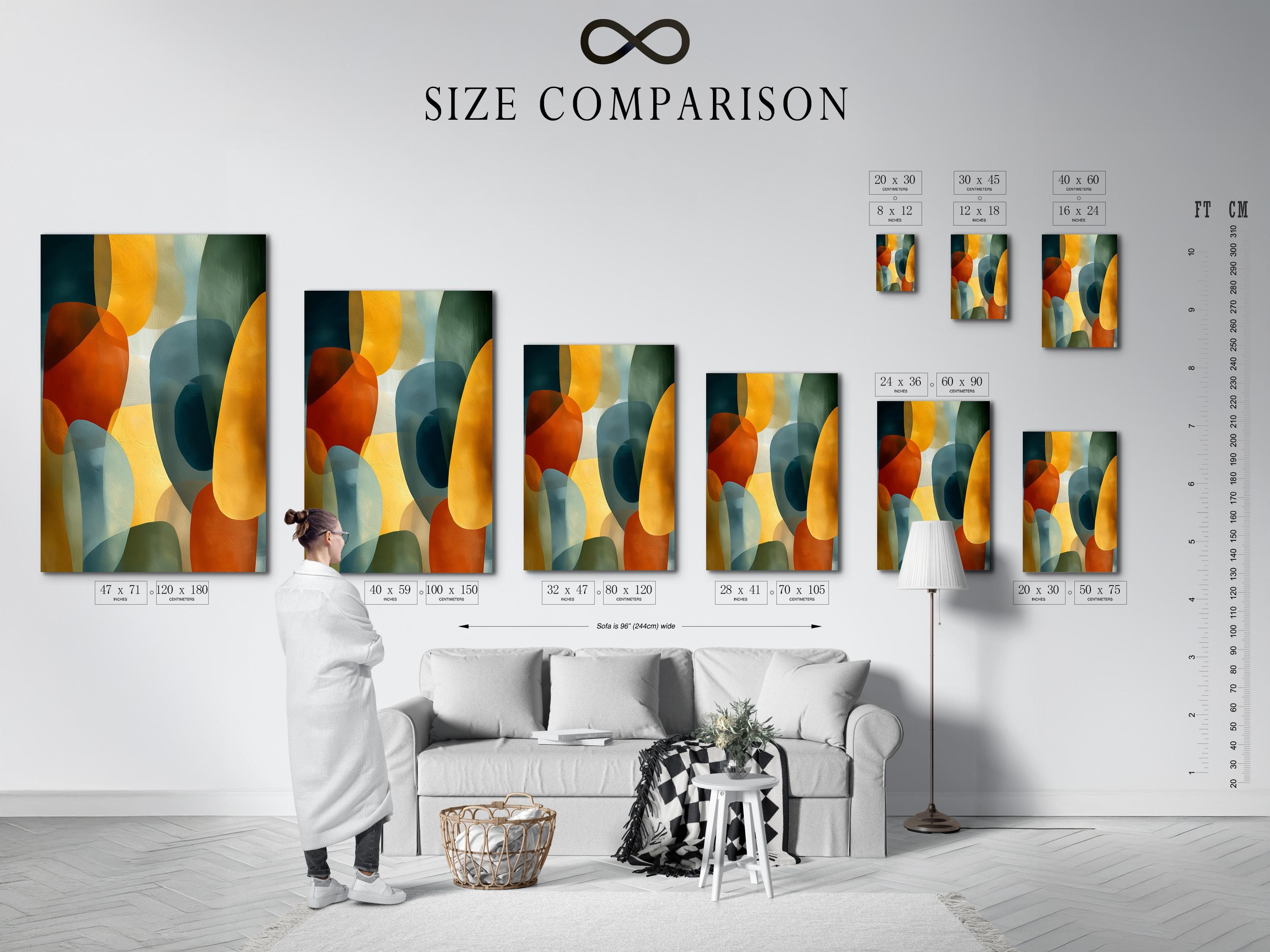 Room mockup showing a framed abstract geometric artwork with teal and mustard shapes