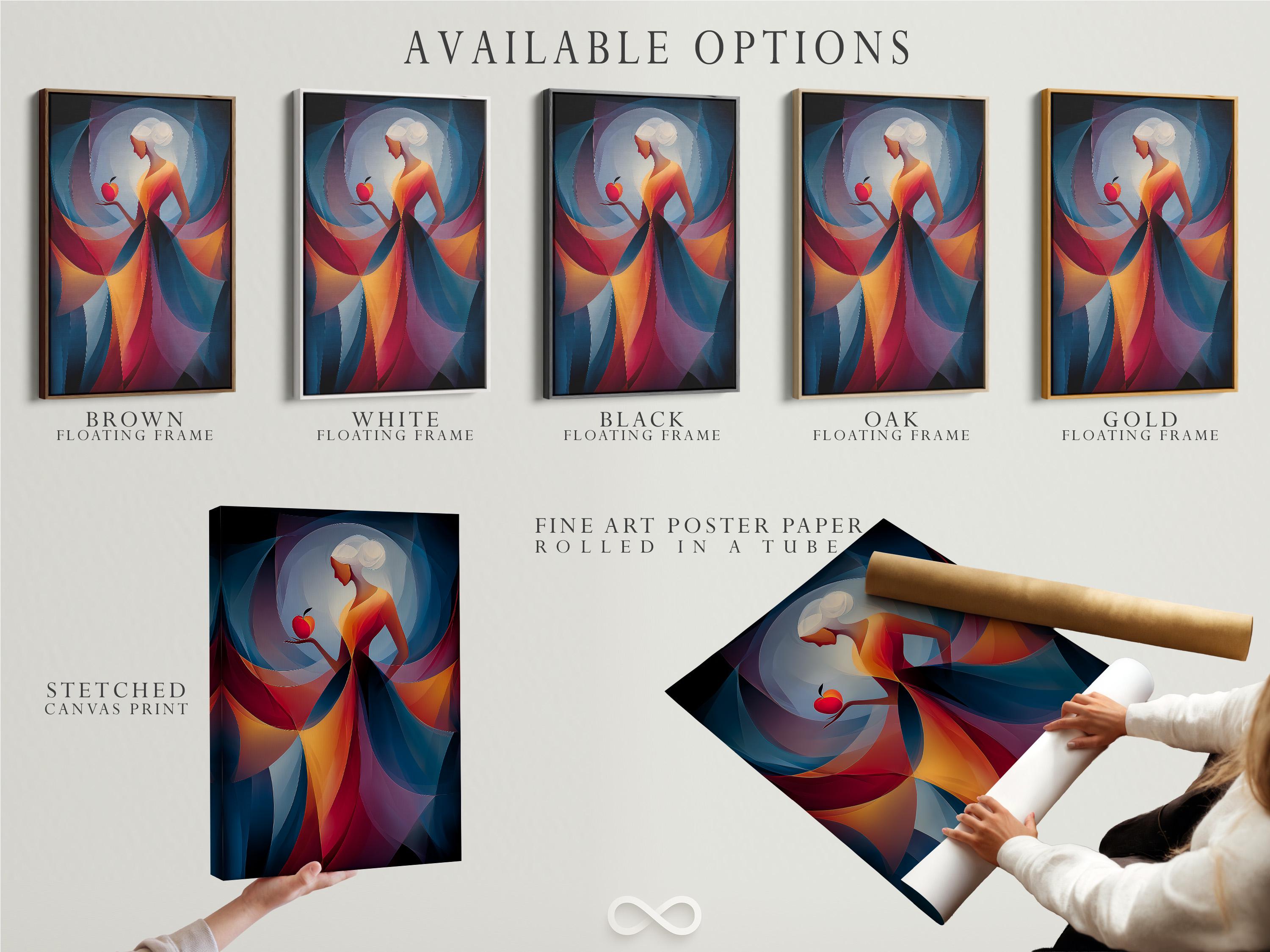 Abstract woman holding a red apple with layered blue, teal and purple curved shapes detail view