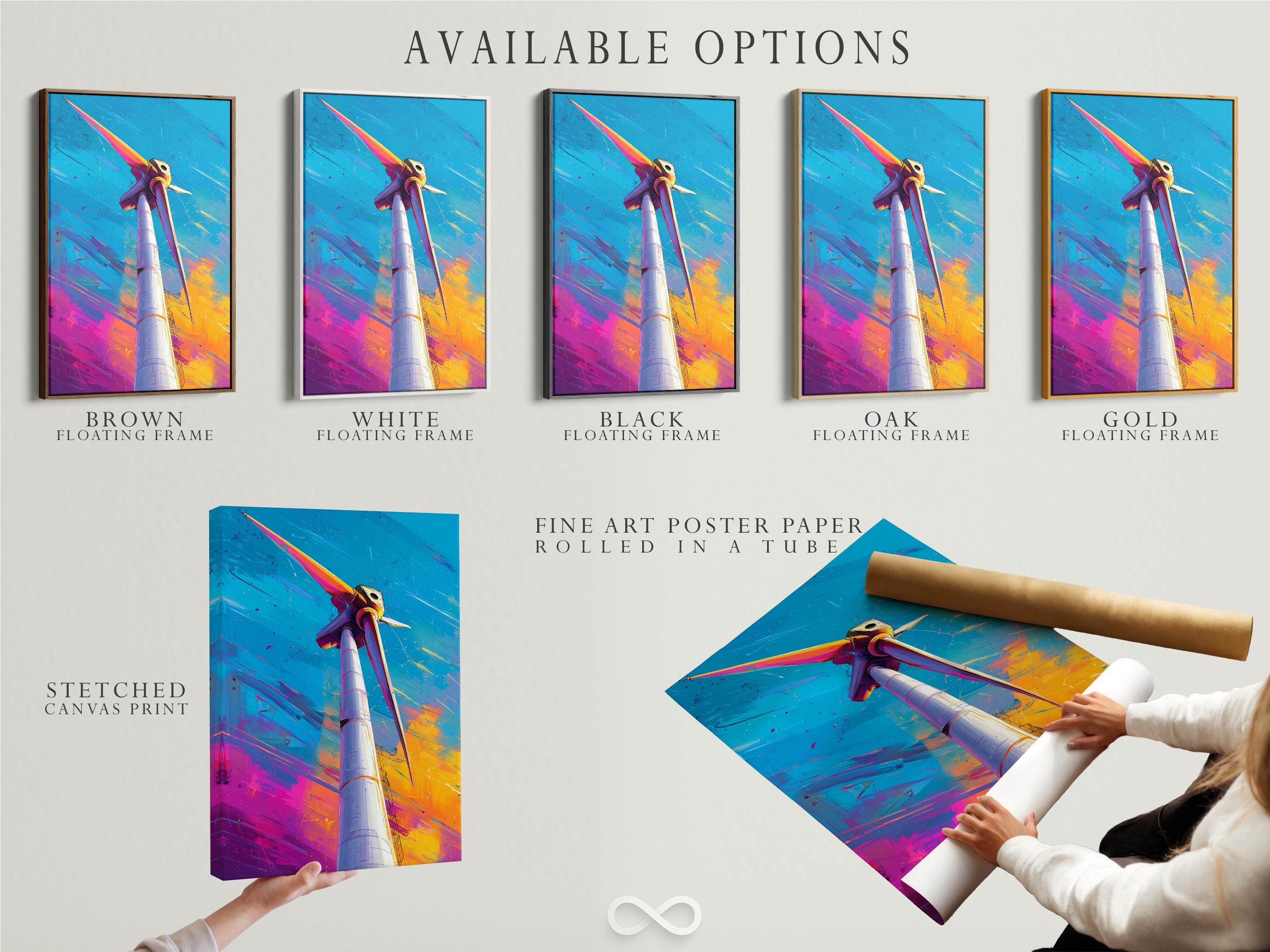 Wind turbine on a sky-blue background with diagonal motion streaks and orange magenta accents detail view