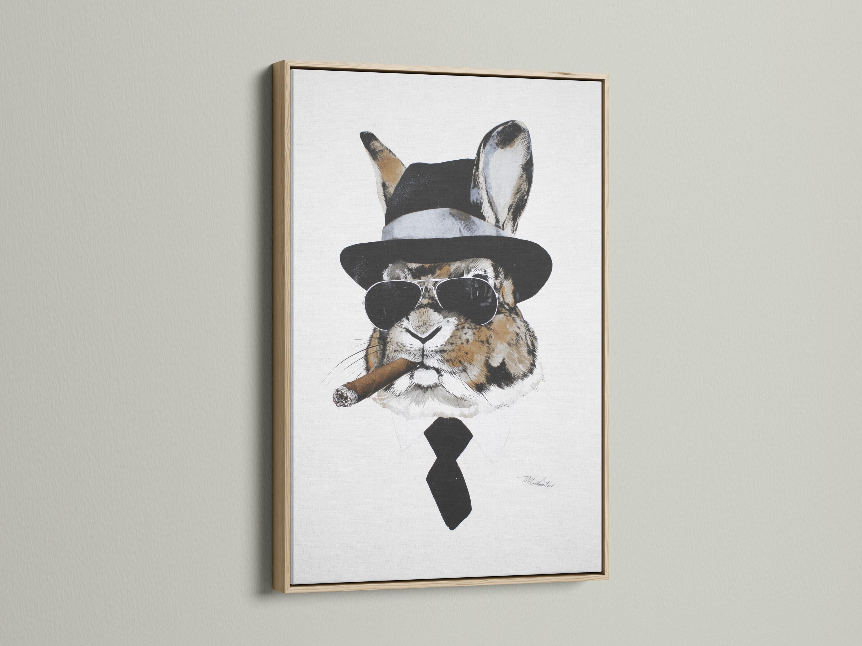Illustrated rabbit wearing a black top hat, round sunglasses and bow tie on a light background detail view